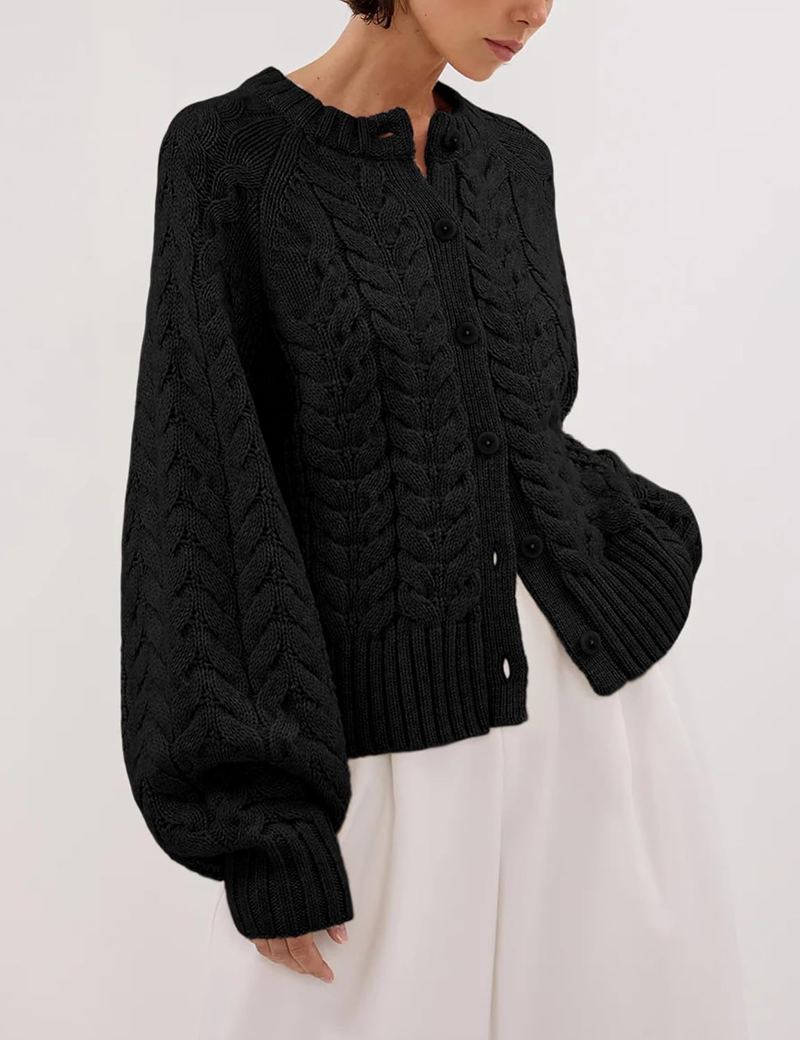 Cable Knit Cardigan for Women Open Front Sweater Casual Loose Long Sleeve Button Outerwear Coats - Image 2