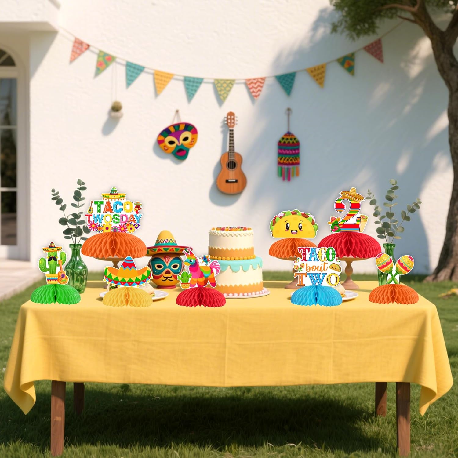 JOYMEMO 8 Pieces Taco Twosday Birthday Honeycomb Centerpieces - Mexican Fiesta 2nd Birthday Decorations for Boys Girls, Taco Bout Two Table Toppers Party Supplies