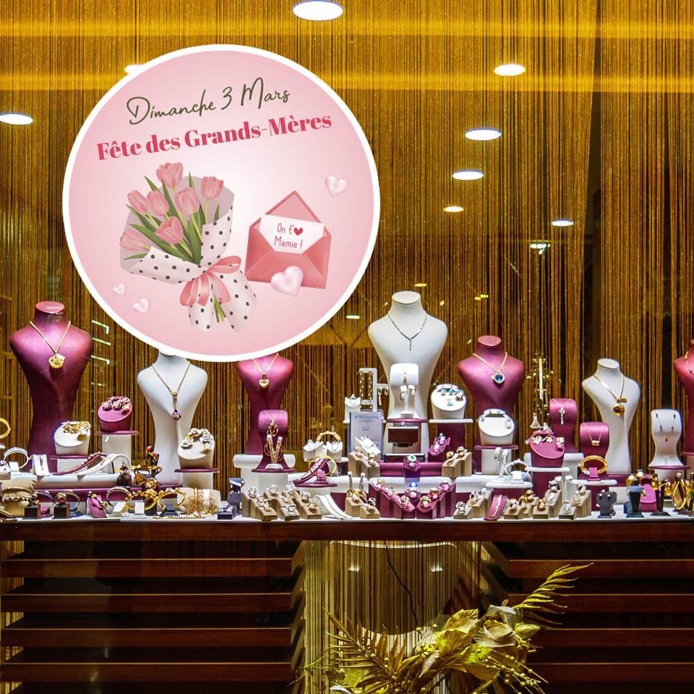 Adzif.biz Le sticker de decoration - Sticker Vitrine Fête des Grands Mères Date Personnalisable, Autocollant décoratif fête des mamies à Personnaliser pour vitrine commerçant