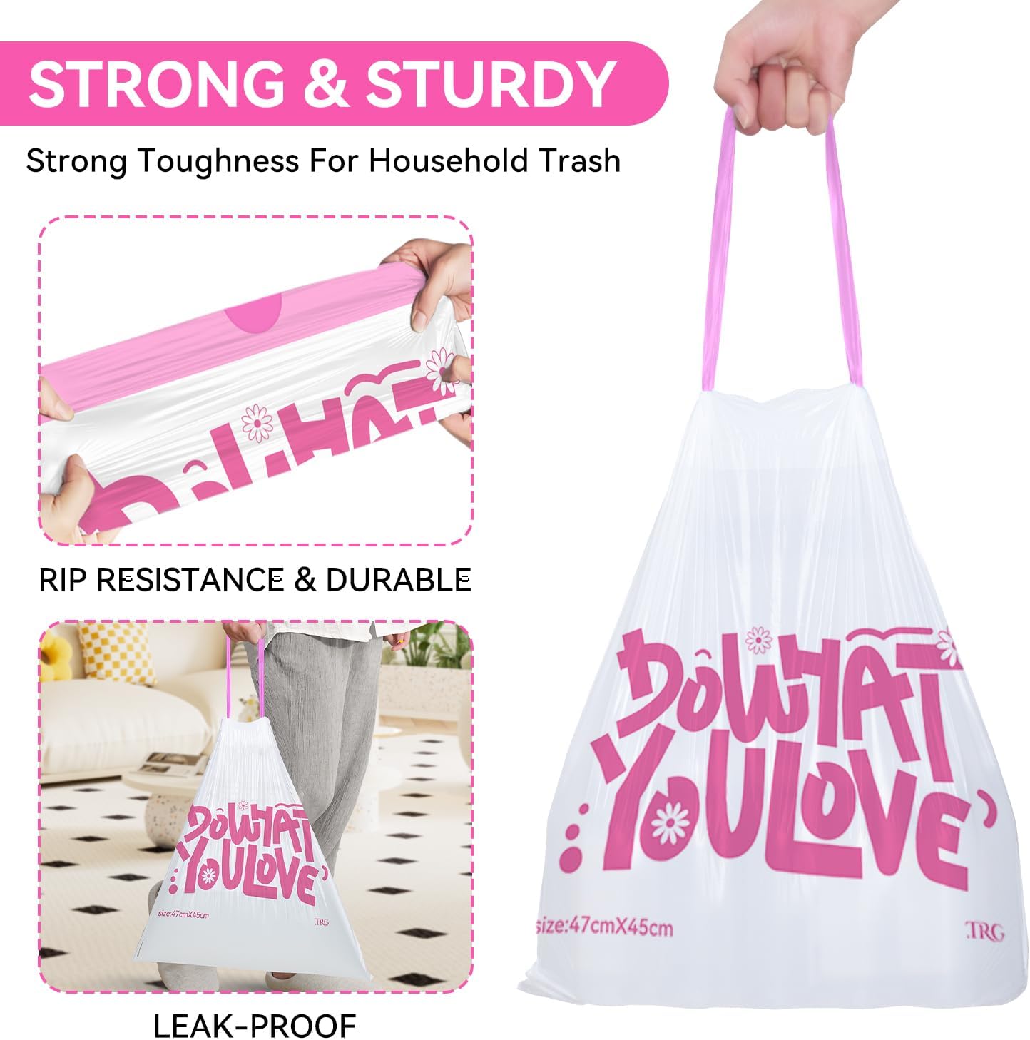 4 Gallon Trash Bags, 120 Count White Alphabet Printed Small Drawstring Garbage Bags Unscented for Toilet Home Office and Bedroom