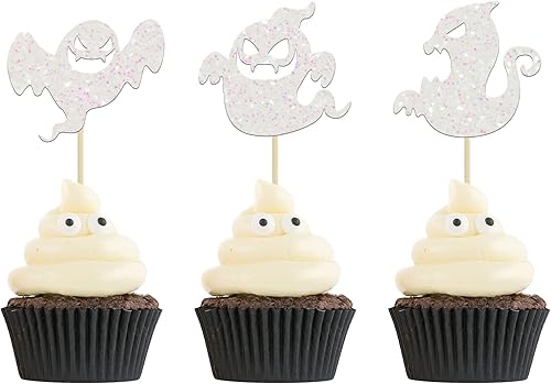 Miniatura 118 de Ephlyn 24 adornos para cupcakes de Halloween con purpurina para Halloween, murciélagos, calabaza, fantasma, decoración de cupcakes para temática