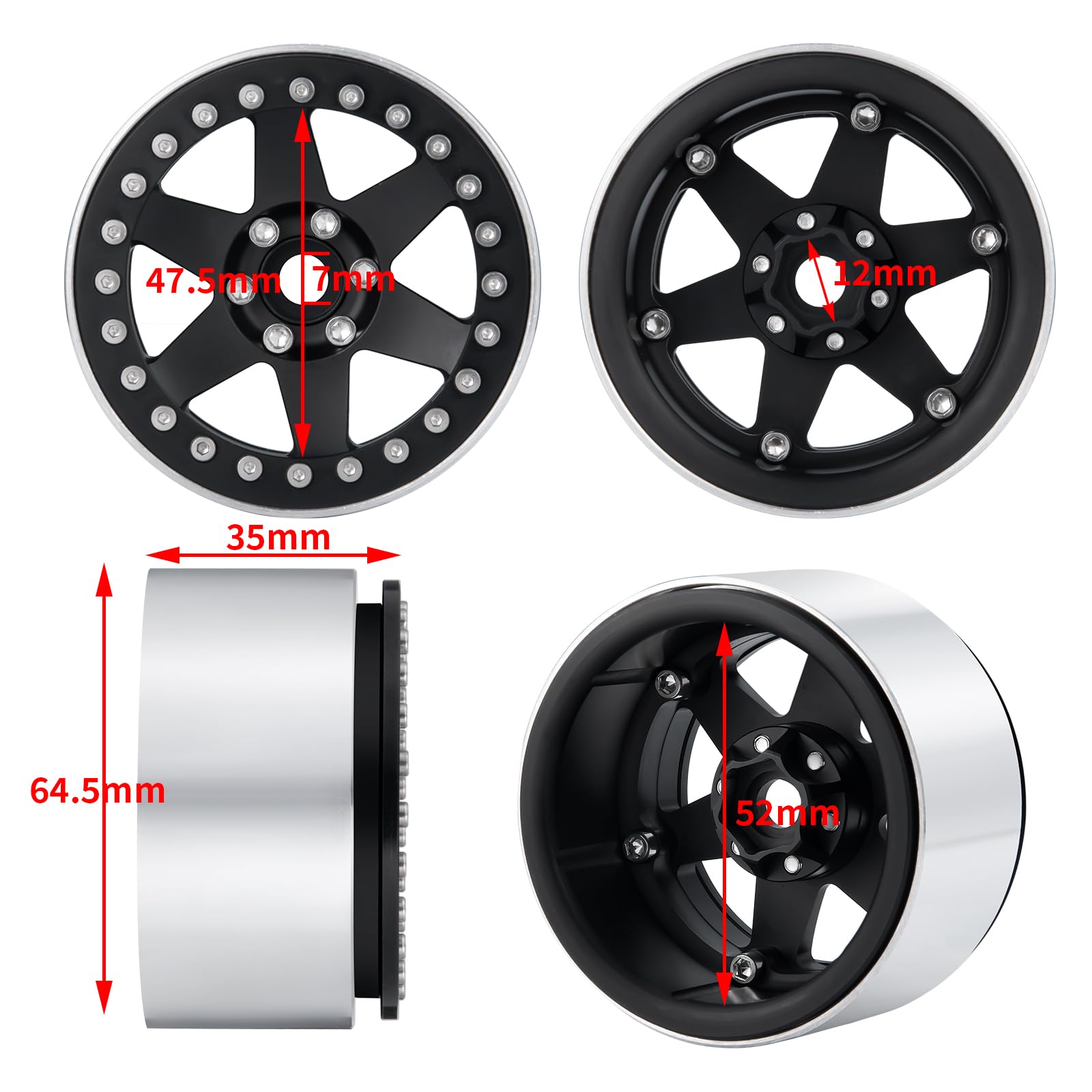 QUE-T 2.2 inches Beadlock Wheels 4pcs Metal Wheel Hubs Rims for 1/10 Axial Wraith RR10 Scx10 VS4-10 TRX4 D10 D90 rc Crawler (Matte Black)