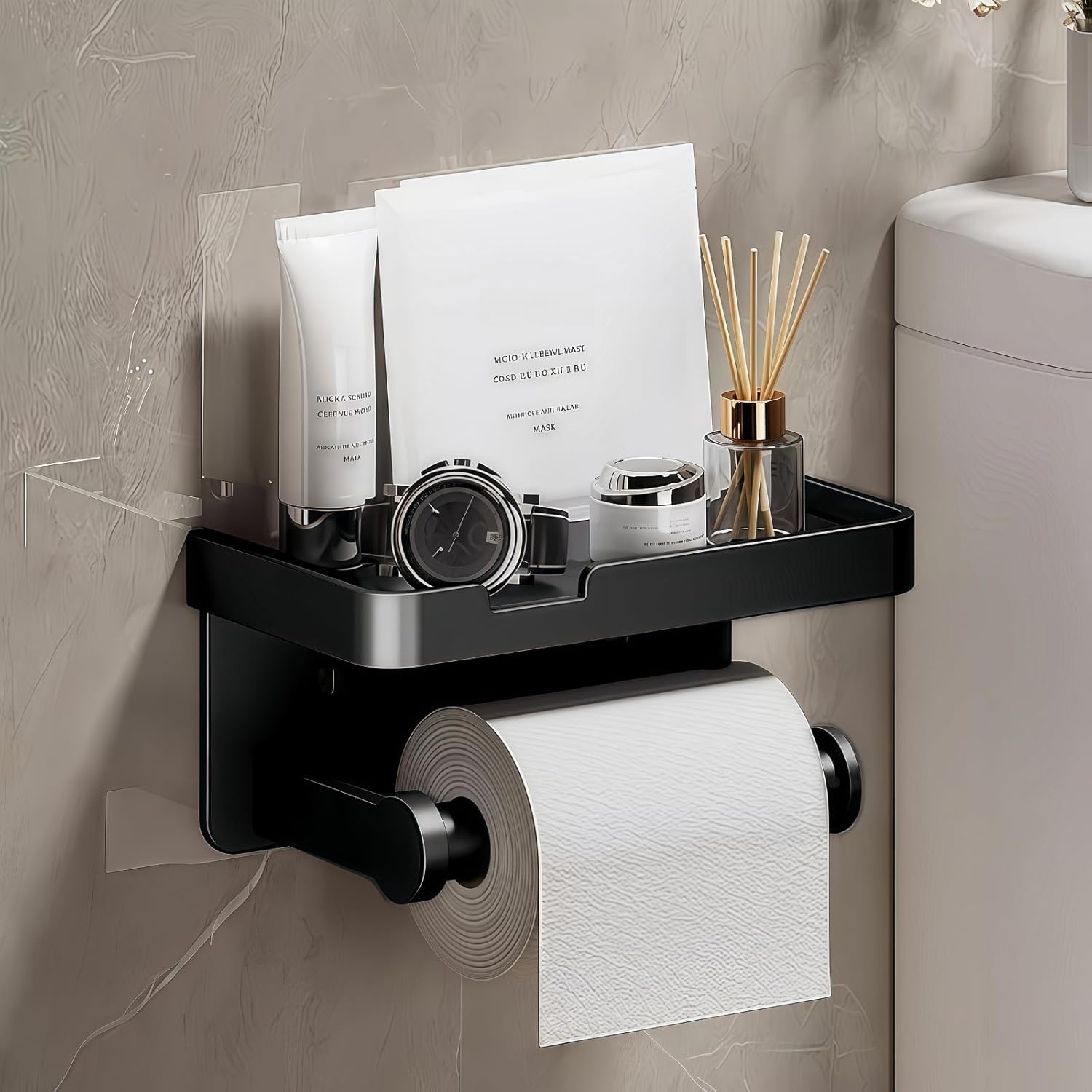 Adhesive Toilet Paper Holder and 2 Metal Hooks Combo - Rustproof Aluminum with Extra Adhesive Pads for Easy Replacement of Positions,Matte Black Toilet Paper Holder with Shelf(Wall Mount)