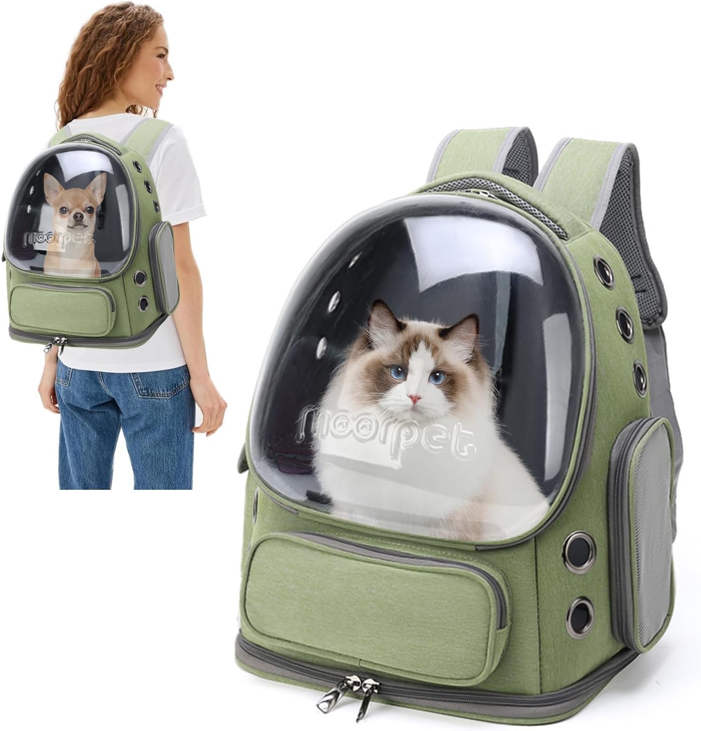 PETCUTE Katzenrucksack mit Fenster,Tragbar Raumkapsel Haustier Rucksack Belüften mit Herausnehmbarer Matte,Hunde Reise Rucksack Träger mit Sicherheitsleine,für Auto Wandern,Armeegrün