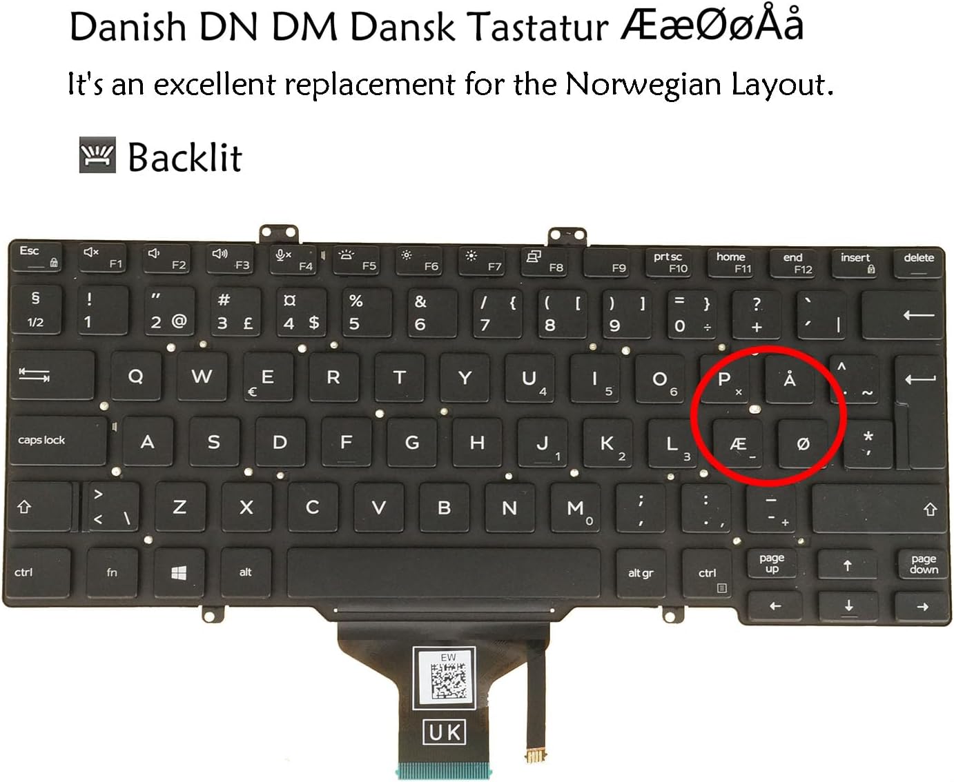 Laptop Replacement Keyboard for Dell Latitude 7400 5400 5401 5410 5411 0V2RM9 Backlit Without Pointer No Frame (DK Danish Dansk ÆØÅ Layout)