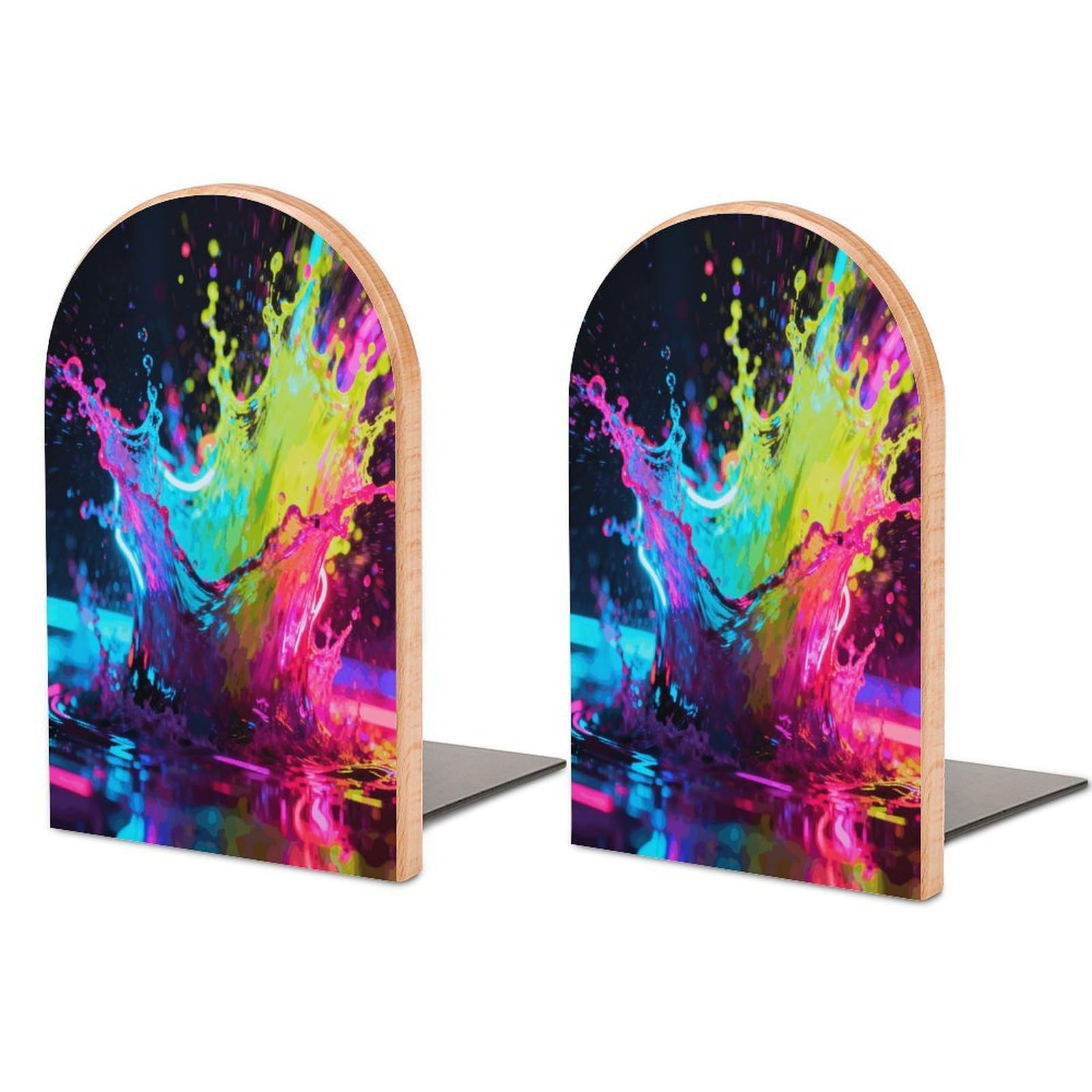 Neon Splash Book Ends Wood Non-Skid Bookend for Shelves Heavy Duty Bookends with Metal Base Decorative Books Stopper Desk Organizers Book Dividers for Office Home 1 Pair