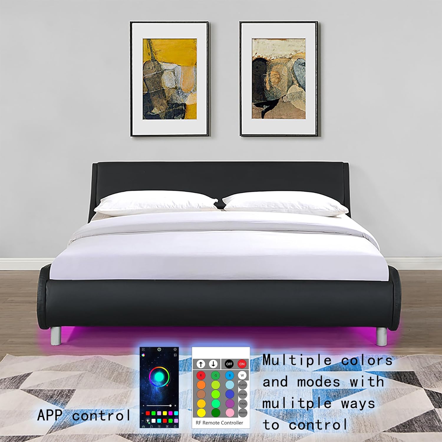 Queen Upholstered Platform Bed Frame with LED Lights,Curve Design Faux Leather Upholstered Platform Bed,Wood Slat Support, No Box Spring Needed, Easy Assembly for Living Room Black