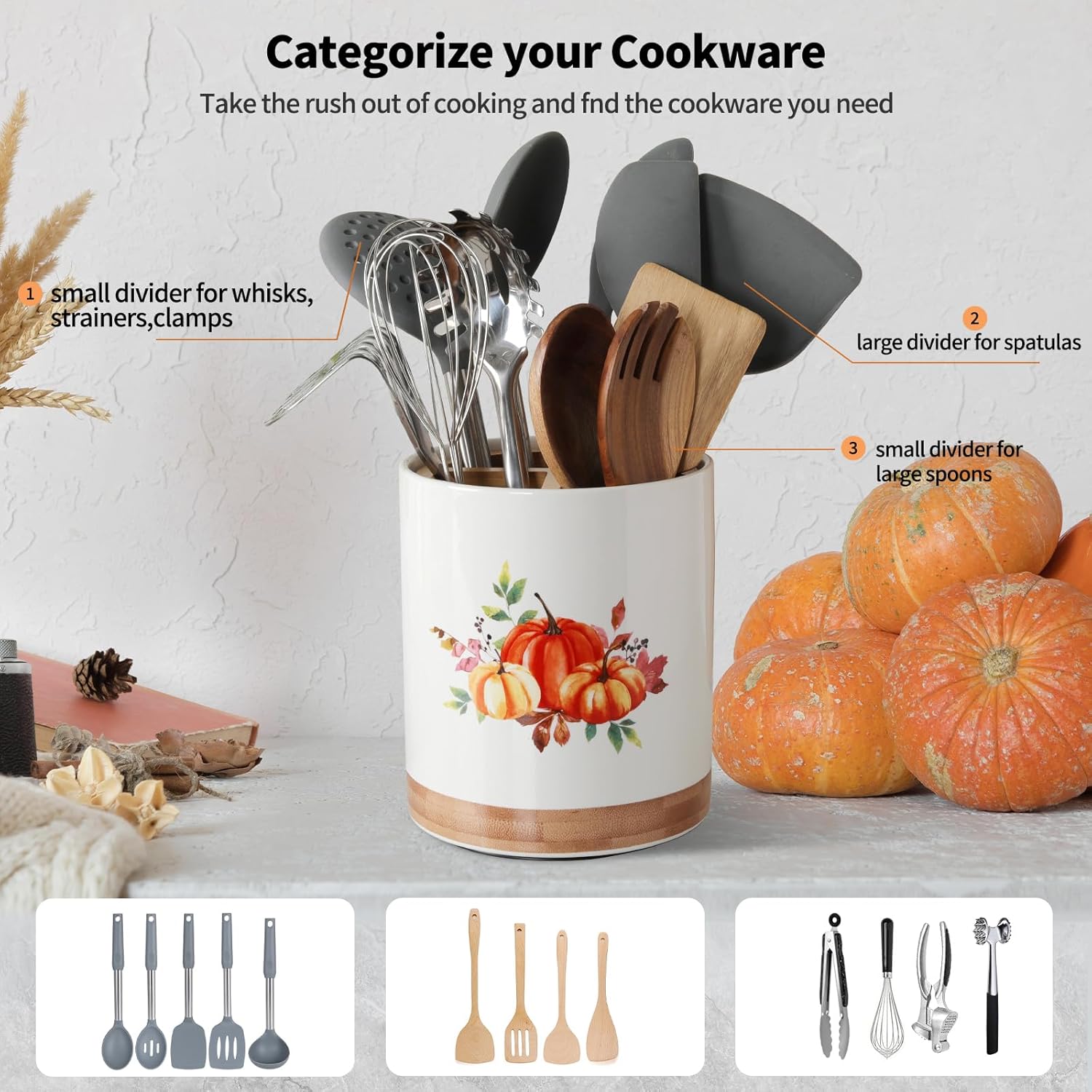 HAPPY KIT 7.6″ Utensil Holder 360° Rotating Utensil Holder Pumpkin Decor for Kitchen Counter with 3 Removable Compartment, Housewarming Gift & Farmhouse Decor