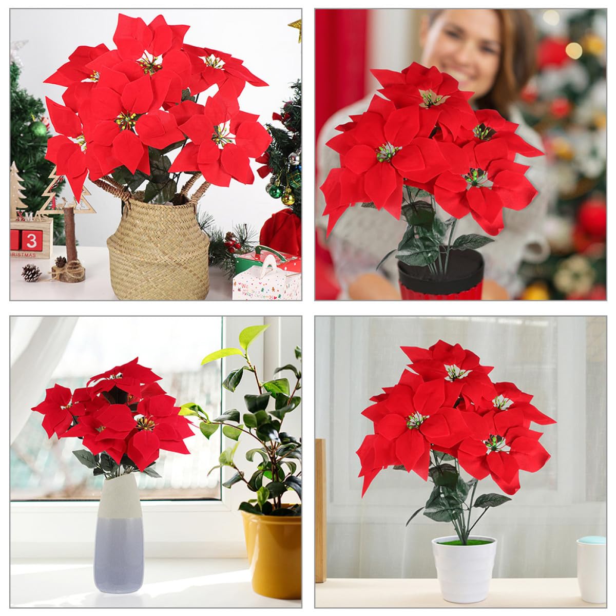 Künstlicher Weihnachtsstern 4 Stück mit 7 Köpfen Realistische Kunststoffpflanze für Weihnachtsdekoration Innen und Außen Langlebiger Poinsettia Strauß für Wohn und Arbeitsräume