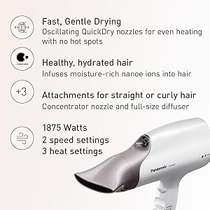 Panasonic Nanoe Salon Hair Dryer with Oscillating QuickDry Nozzle, Blow Dryer with Diffuser and Concentrator Attachments, 3 Speed Heat Settings for Easy Styling and Healthy Hair - EH-NA67-W (White)