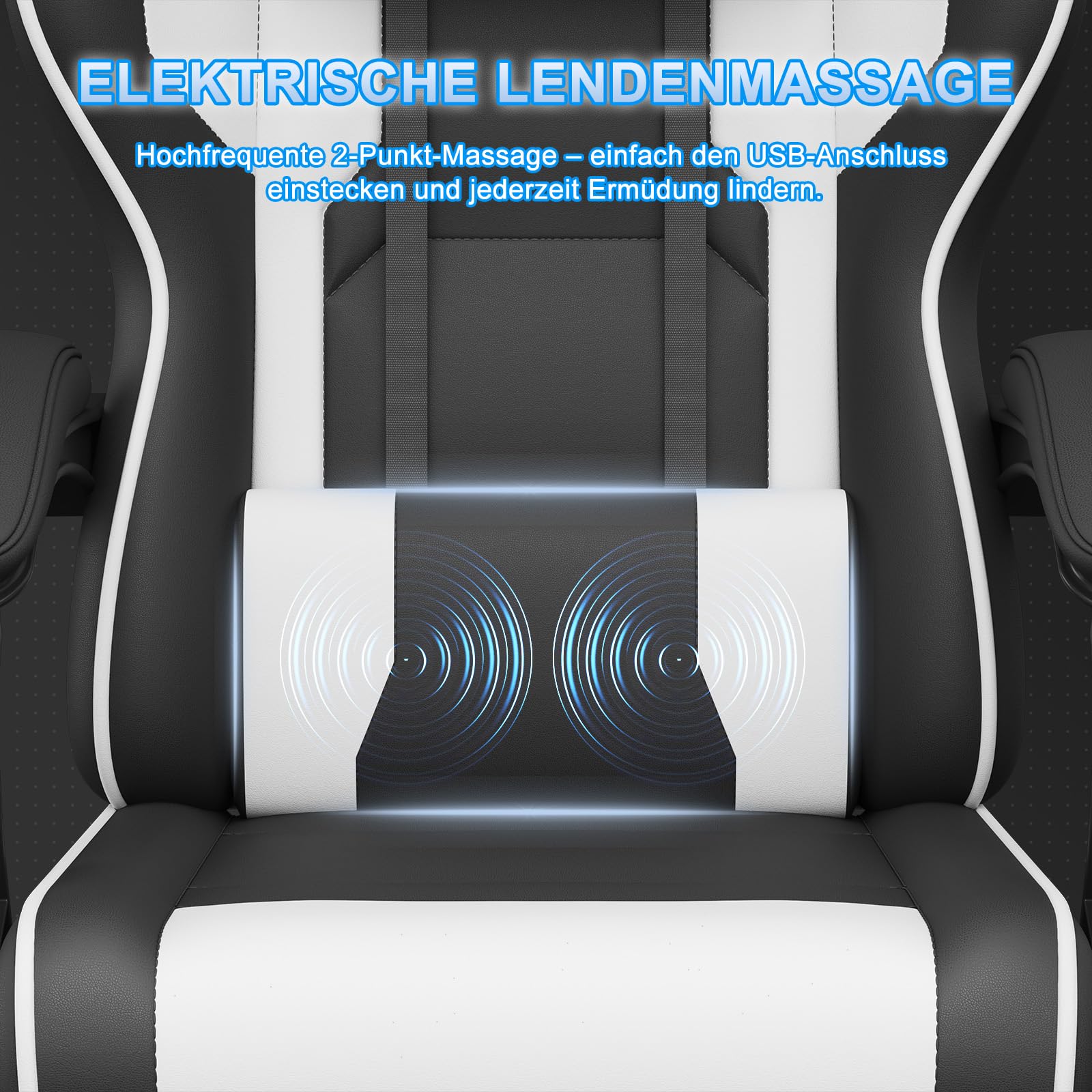 Devoko Gaming Stuhl mit Massagefunktion, Bürostuhl Ergonomisch mit Verstellbarer Ruckenlehne (90-135), Schreibtischstuhl mit Bewegliche Armlehne, max 135kg, Schwarz Weiß