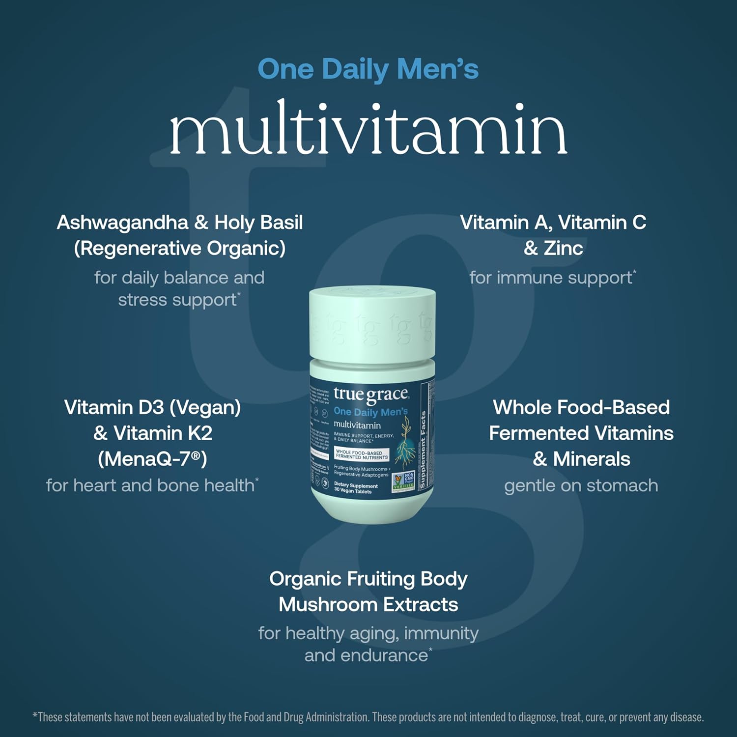 True Grace One Daily Men’s Multivitamin Fermented Minerals, Organic Adaptogens & Mushrooms Whole Body Balance Immune, Endurance, Bone & Heart Support - Non-GMO, Gluten Free - 30 Vegan Tablets