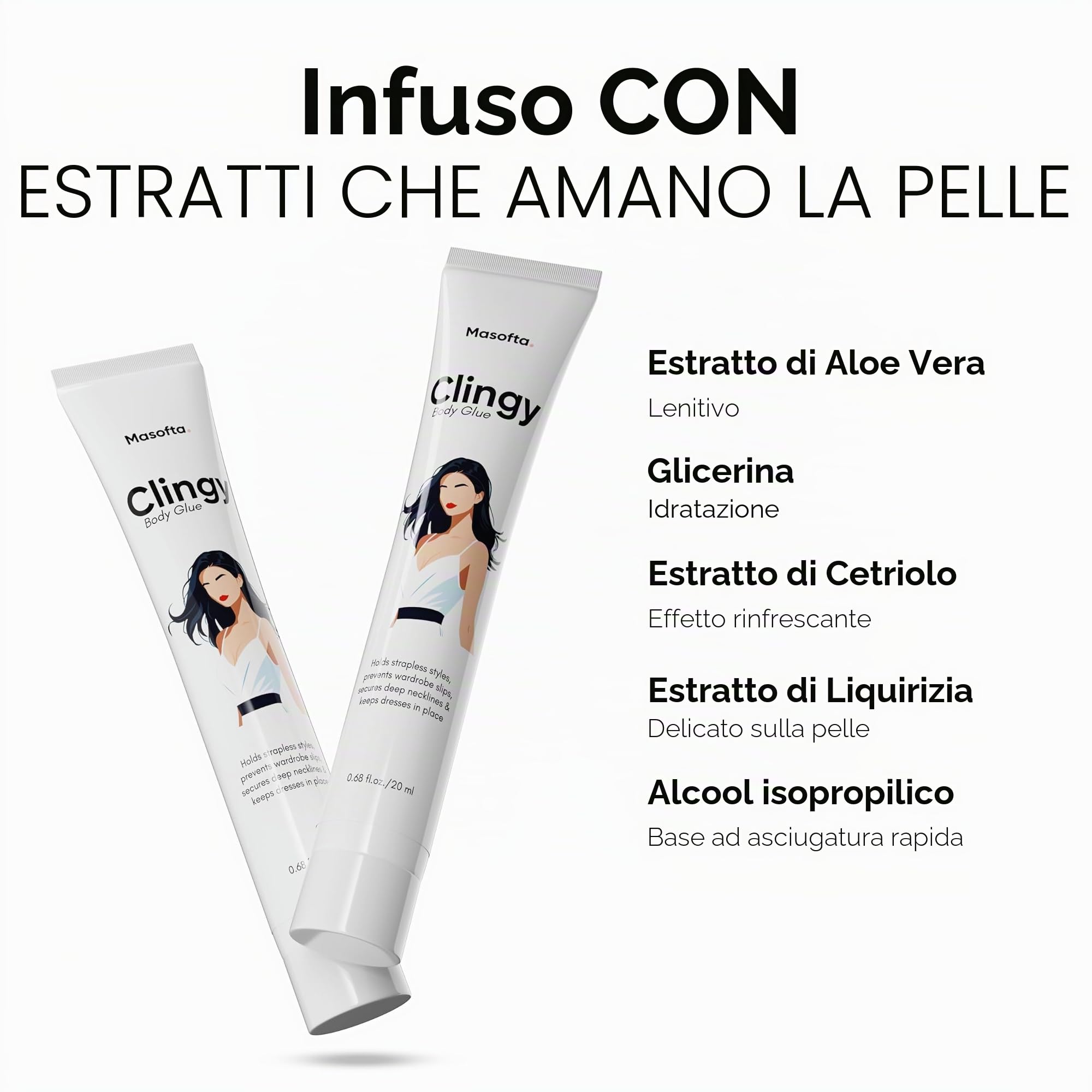 Masotta Clingy - Colla per il corpo, resistente al sudore e sicuro per la pelle, ideale per la moda e lo styling, fissante per abiti e capi senza spalline, roll-on da 20 ml