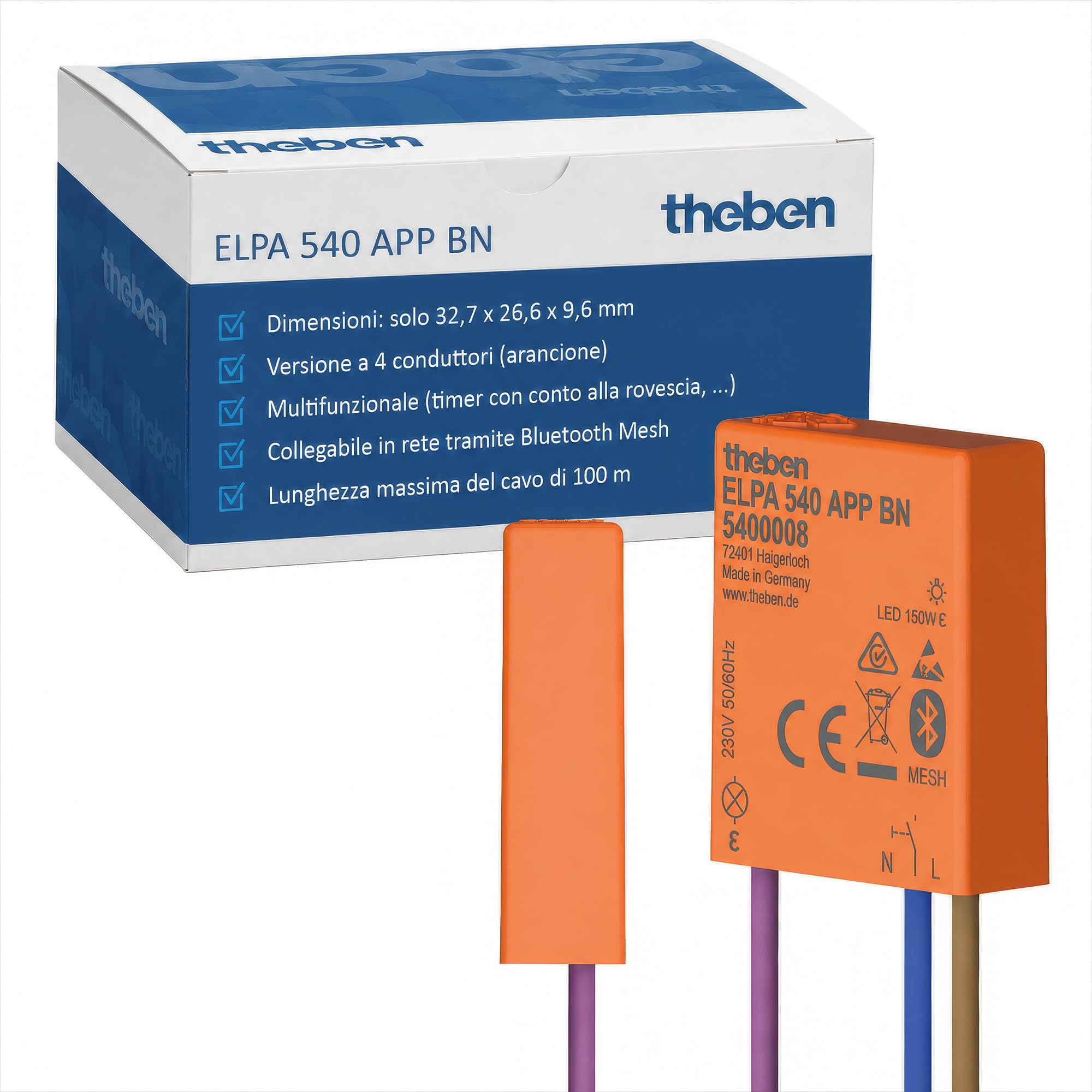 Theben 5400008 ELPA 540 APP BN Mini Temporizzatore luci scale a incasso | multifunzione , 32,7 × 26,6 × 9,6 mm, silenzioso, Bluetooth Mesh, app, 100 m di cavo, 0,5-60 min., preavviso di spegnimento