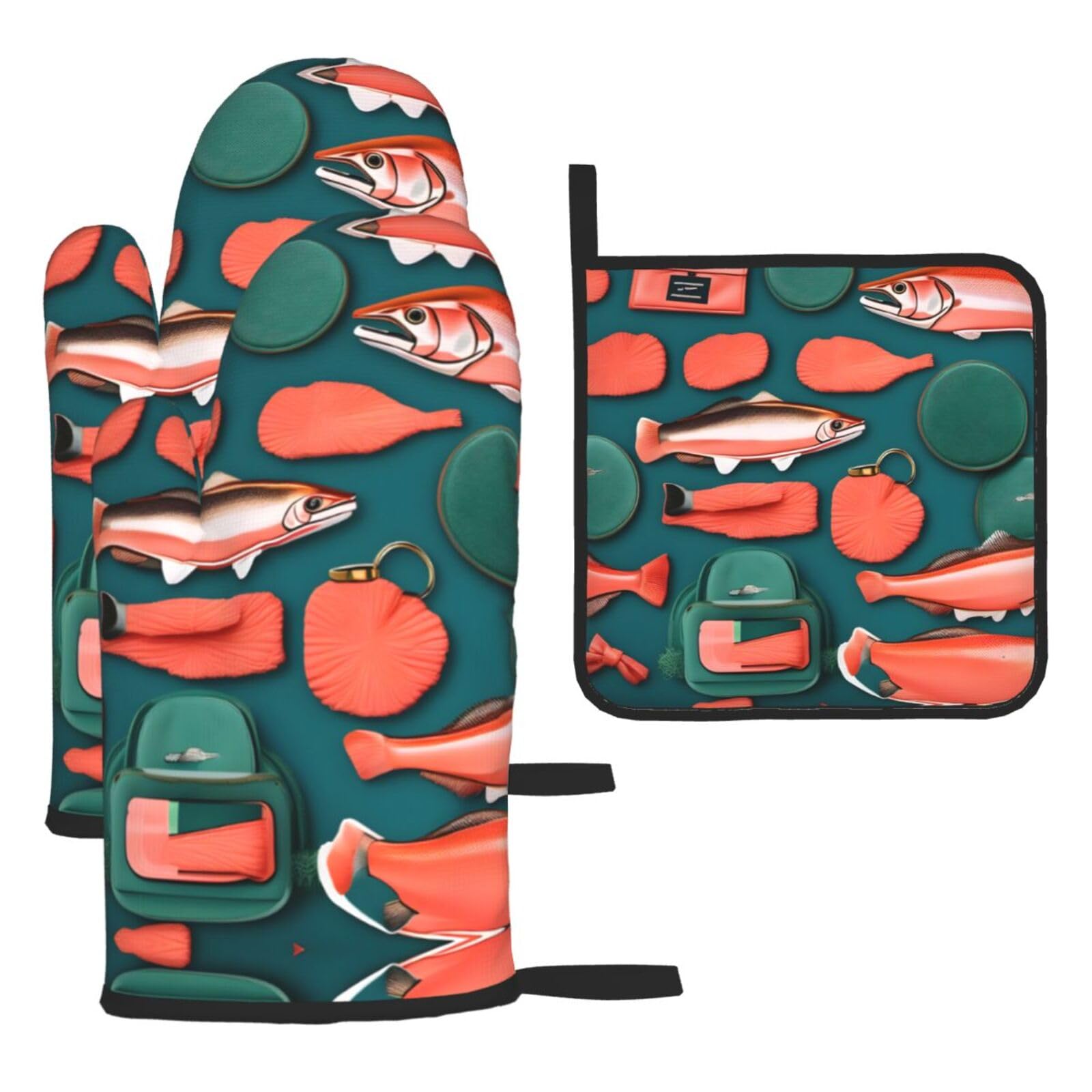 Salmon Pattern Christmas Oven Mitts,Cute Cooking Glove,Heat Resistant,Oven Mitts Gift for Mom,Housewarming