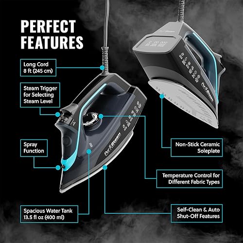 Miniatura 6 de Pursteam SteamBurst+ Plancha de vapor de 1750 W, suela de cerámica, vapor ajustable, ráfaga de vapor, autolimpiante, anticalco, antigoteo, potente y