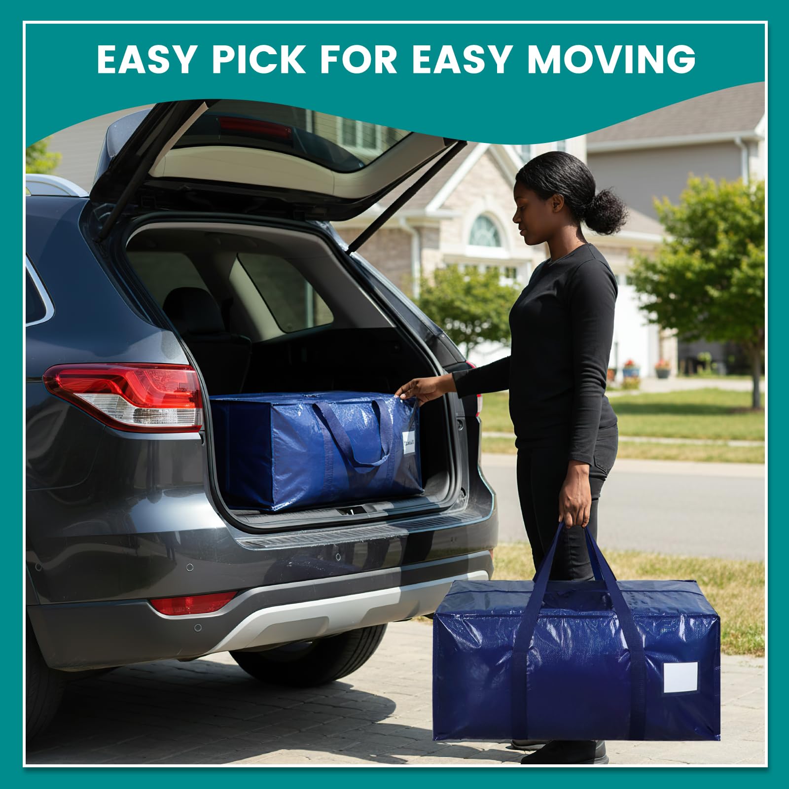 4 Pack Oversized Moving Bags, Heavy-Duty Moving Boxes or Packing Bags with Extra-large Zip Opening, Moving Supplies for College Halls Travelling Camping, Tough Handles, 90L/19.8Gallon, Blue — view 6