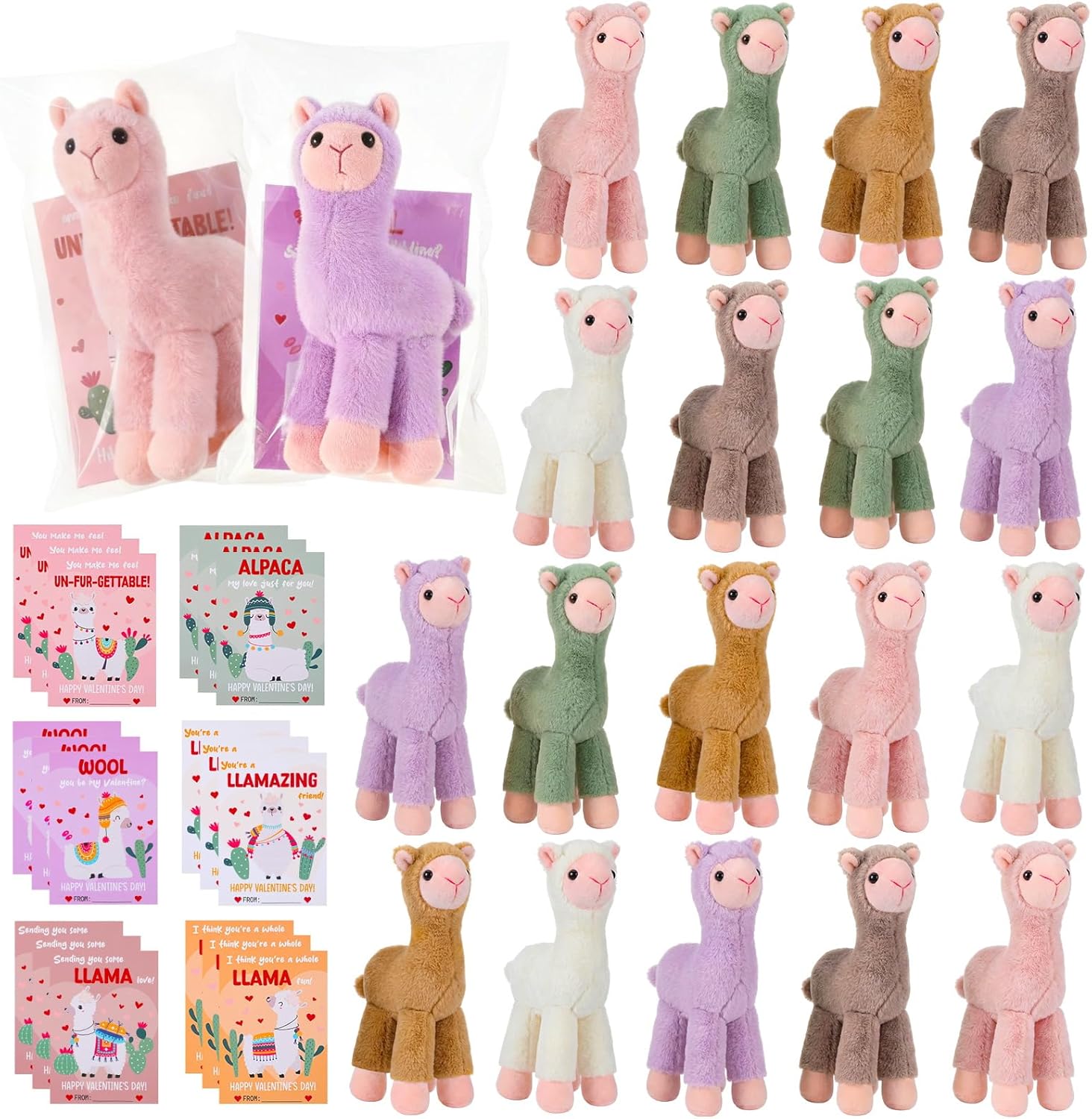 18 Pack Kids Valentine Gifts 7.8 Inch Mini Llama Stuffed Animals with Llama Confession Cards Alpaca Plush Dolls for Valentine's Day School Classroom Party Prizes Gifts Exchange (Funny)
