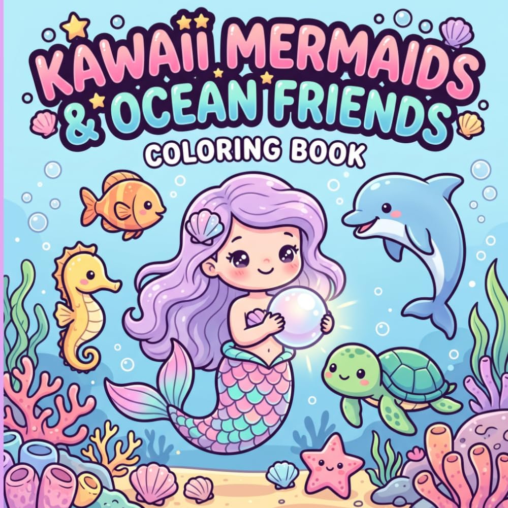KAWAII MERMAIDS & OCEAN FRIENDS COLORING BOOK: Cute Ocean Animals, Dolphins, Sea Turtles, Seahorses and Fun Underwater Coloring Pages for Girls and Boys