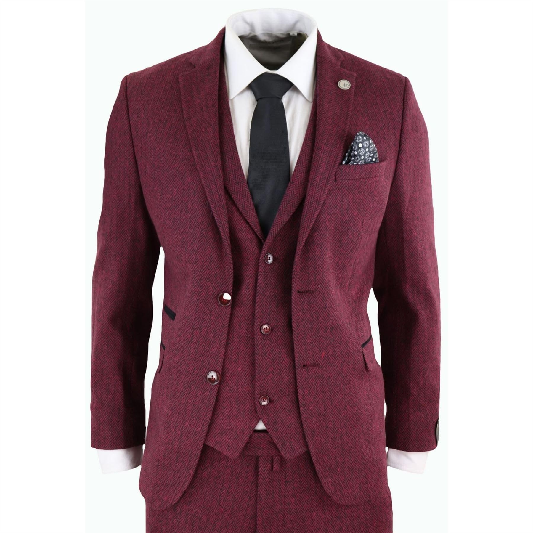 TruClothing.com Abito da Uomo 3 Pezzi Bordeaux Nero Classico in Lana Tweed