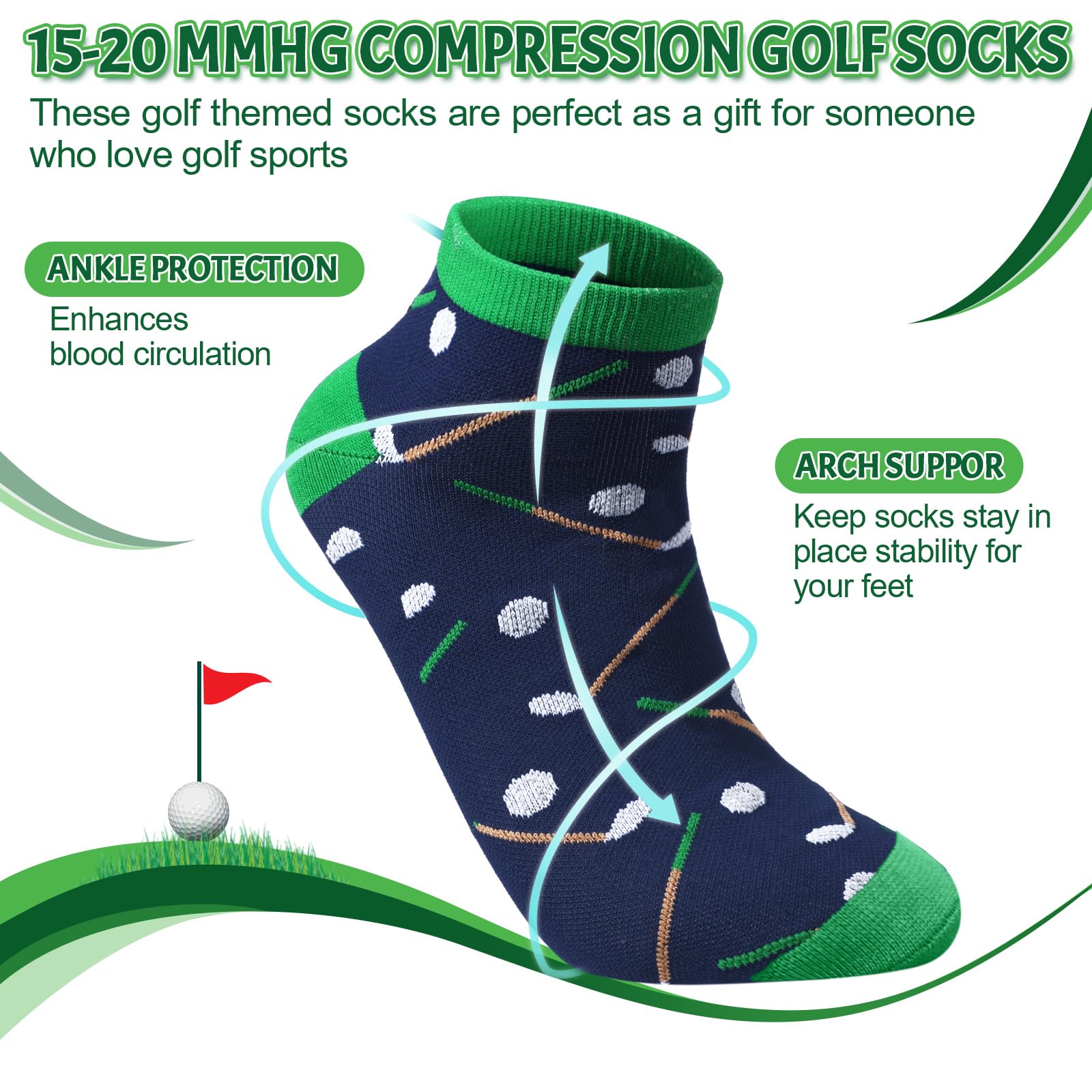 6 pares de calcetines de golf divertidos de compresión de corte bajo, regalos para hombres, fanáticos del deporte, amantes del golf, Verde, gris, azul, negro, blanco, Large
