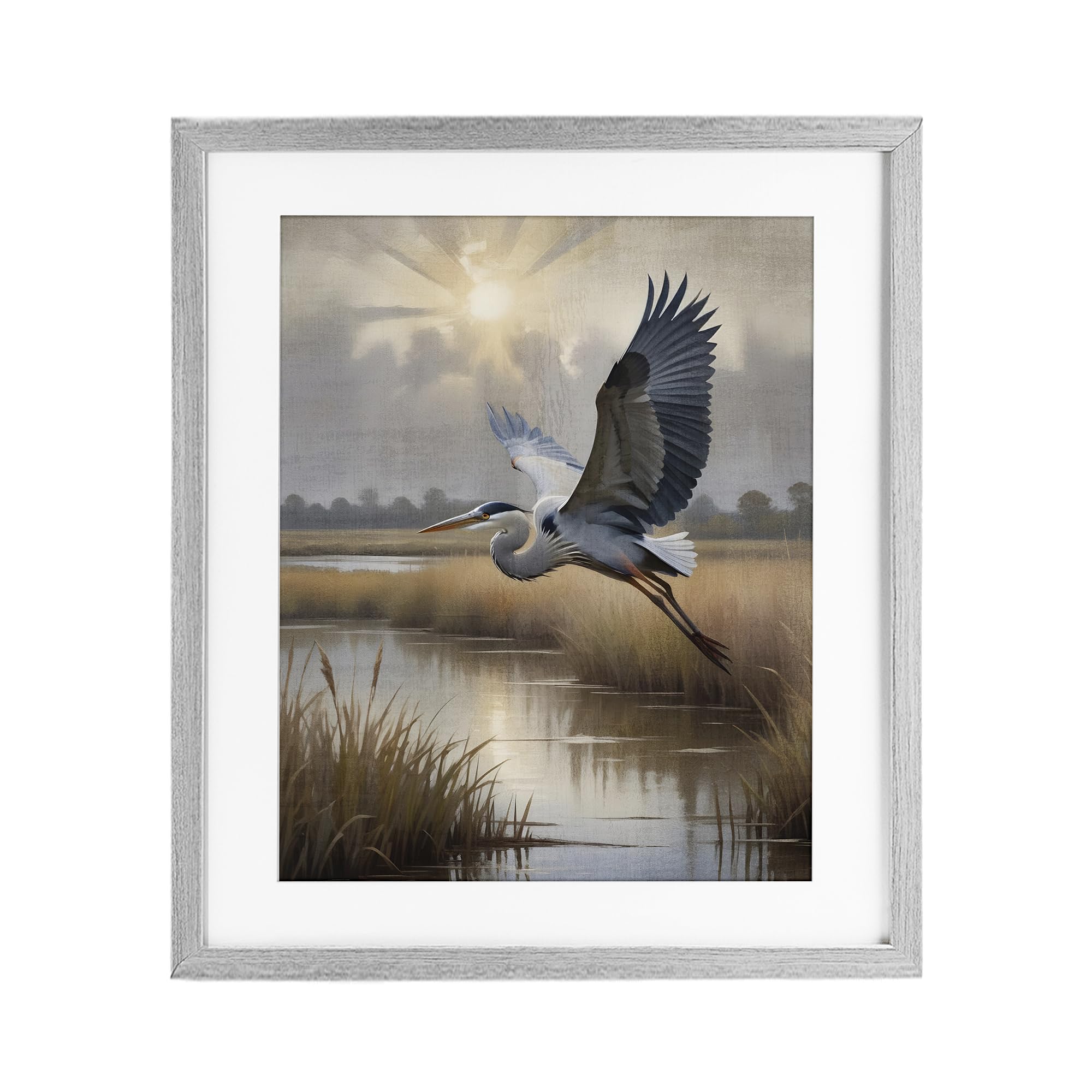 Stupell Industries 'Heron Flight over Wetlands', Framed Print Under Glass, Gray, 17 x 21 Inches, Easy to Hang and Sturdy, Made in USA, by Susan Arnot