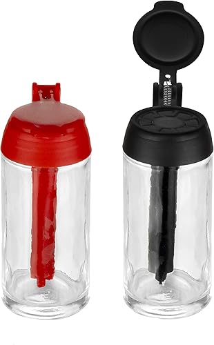 Aureum Juego de 2 saleros a prueba de humedad, cuerpo de vidrio y tapa de plástico, diseñado para sal de mesa (rojo y negro)