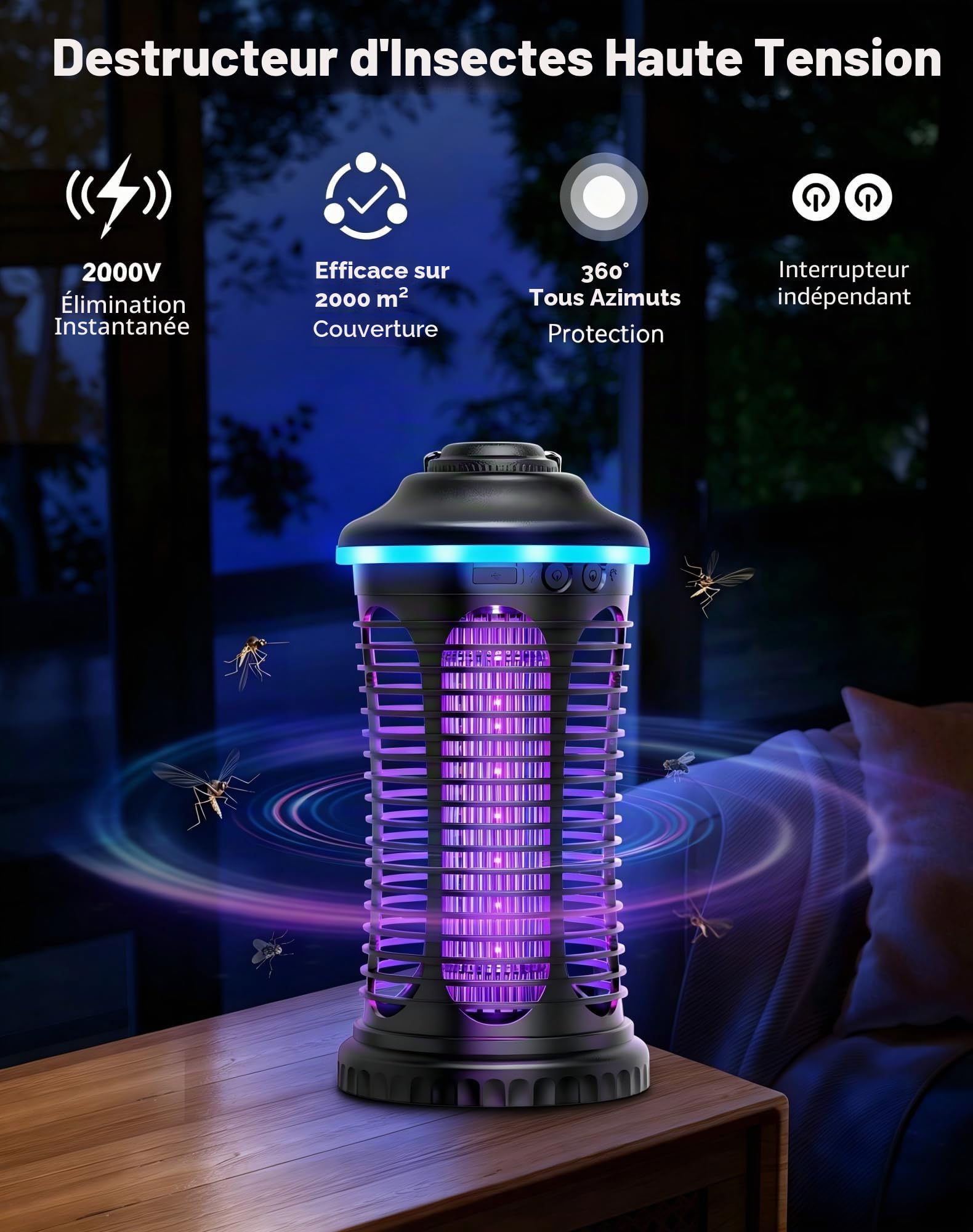 Lampe Anti Moustique, 4000 mAh Portable Rechargeable, Protection IP4X, contrôle USB, Tueur D'Insectes, Piège à Mouches Électrique boîtiers, Noir