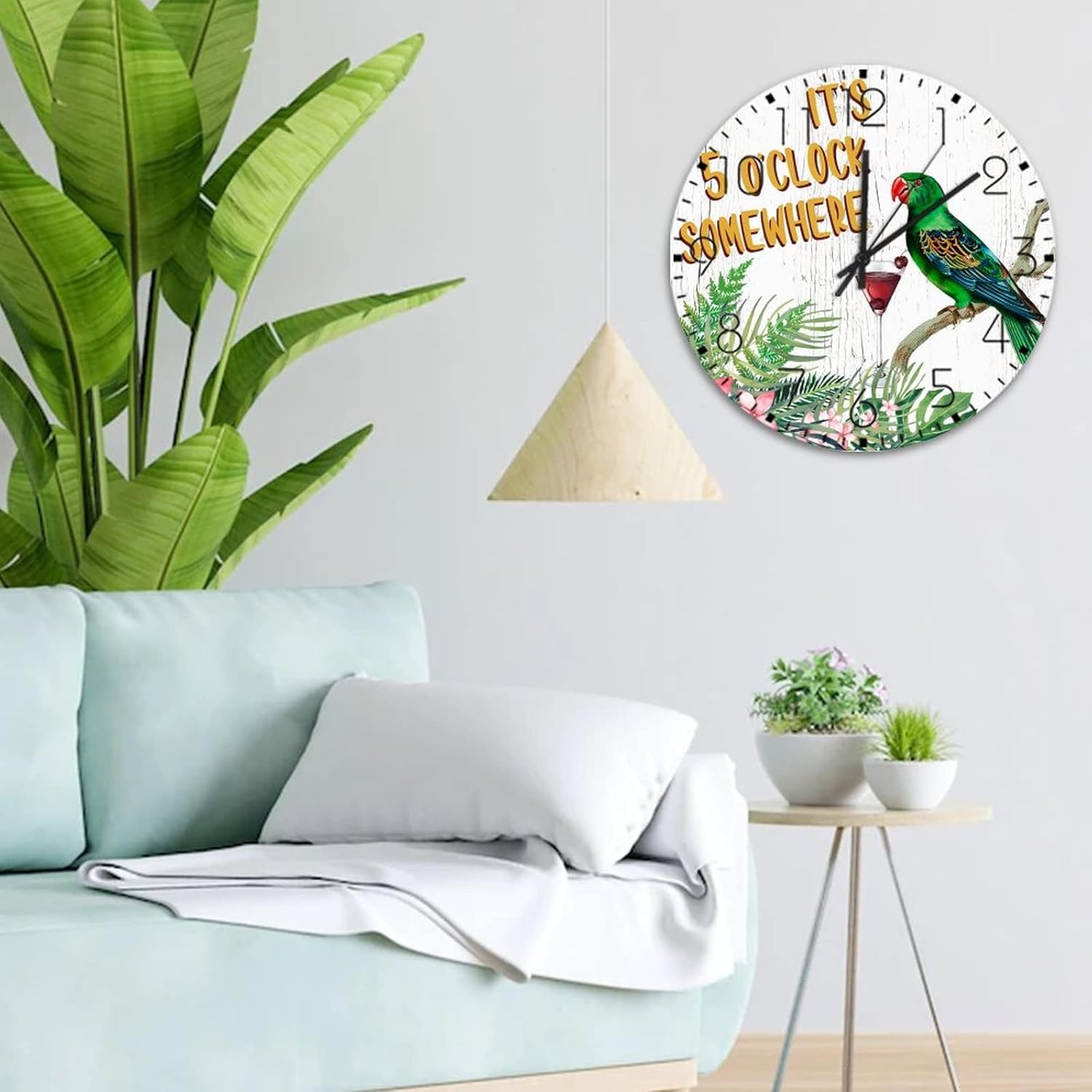 15" Silent Non-Ticking Wall Clocks Battery It's Five O'clock Somewhere Home Decoration for Bedroom Beer Bar Club Glass Parrot Personalized Round Wooden Wall Clock Vintage for Church Study Room