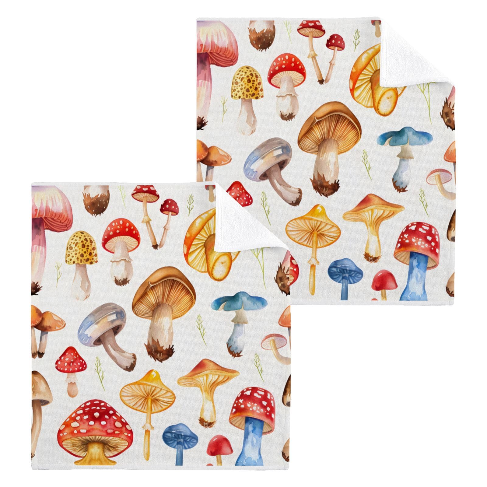ALAZA Wash Cloth Set 100% Cotton Fingertip Towels Face Cloths Sets Different Mushrooms Highly Absorbent Soft Feel Set of 2