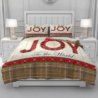 Full Size Comforter Set 3-Piece, Christmas Bag Joy Lettering Berry Holiday Soft Lightweight All Seasons Bedding with 2 Pillow Sham for Kids Teens Boys Girls Bedroom Christmas Decor