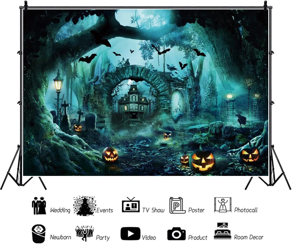 Halloween Scary Cemetery Night Backdrop 7x5ft Horror Forest Haunted House Pumpkin Photo Background for Photogradphy Kids Adults Picture Backdrop Party Decorations Banner
