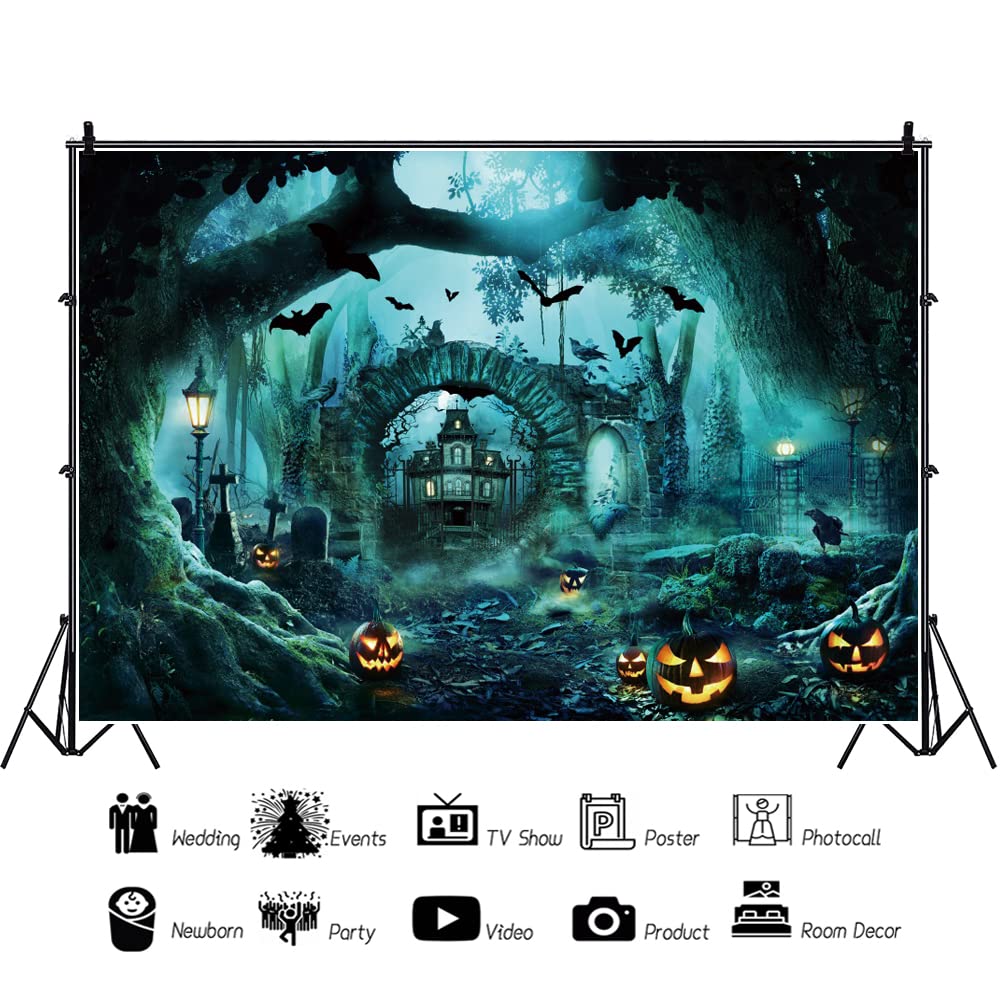 YongFoto 2,2x1,5m Halloween Fondale Notte di Halloween Fotografia Pipistrelli Vecchio castello Luna piena Cupo Cielo viola Sfondo Dolcetto o scherzetto Halloween Foto Festa Decorazione