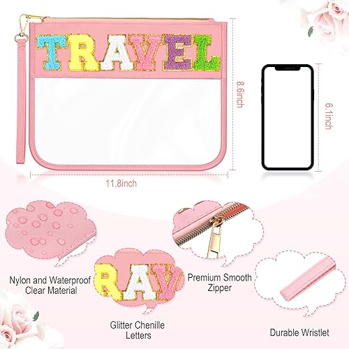 Miniatura 10 de Paquete de 4 bolsas de felpilla con letras de felpilla, bolsa con cremallera para aperitivos de playa para cosméticos, artículos de tocador de