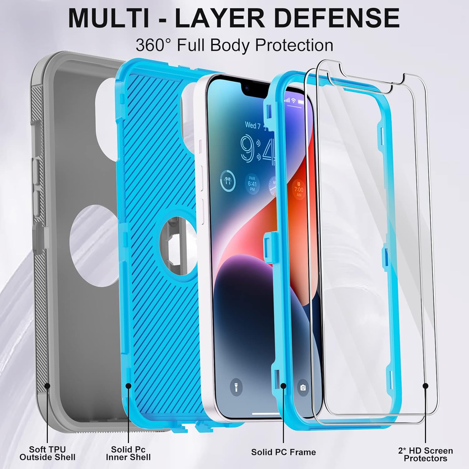Annymall for iPhone 14 Case with 2 Screen Protector,Full Body Shockproof Drop Protection Dust Proof Heavy Duty 3-Layer Rugged Durable Military Grade Cover for Apple iPhone 14 6.1" (Gray/BlueⅡ) - Image 2