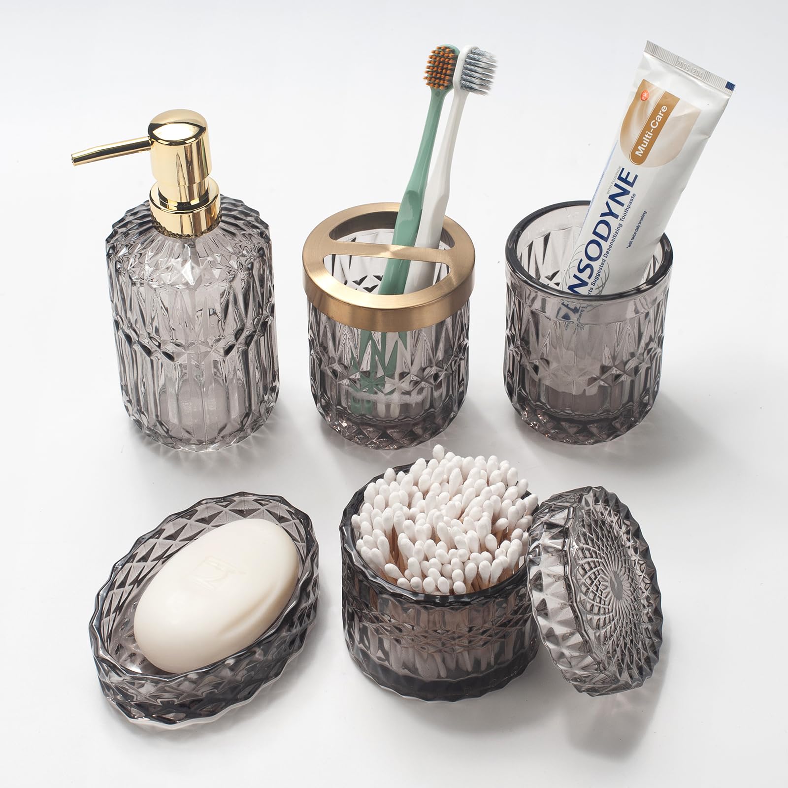 5PCS Grey Glass Bathroom Accessories Sets of Lotion Dispenser, Soap Dish, Toothbrush Holder, Tumbler, Cotton Swab Jars - Image 2