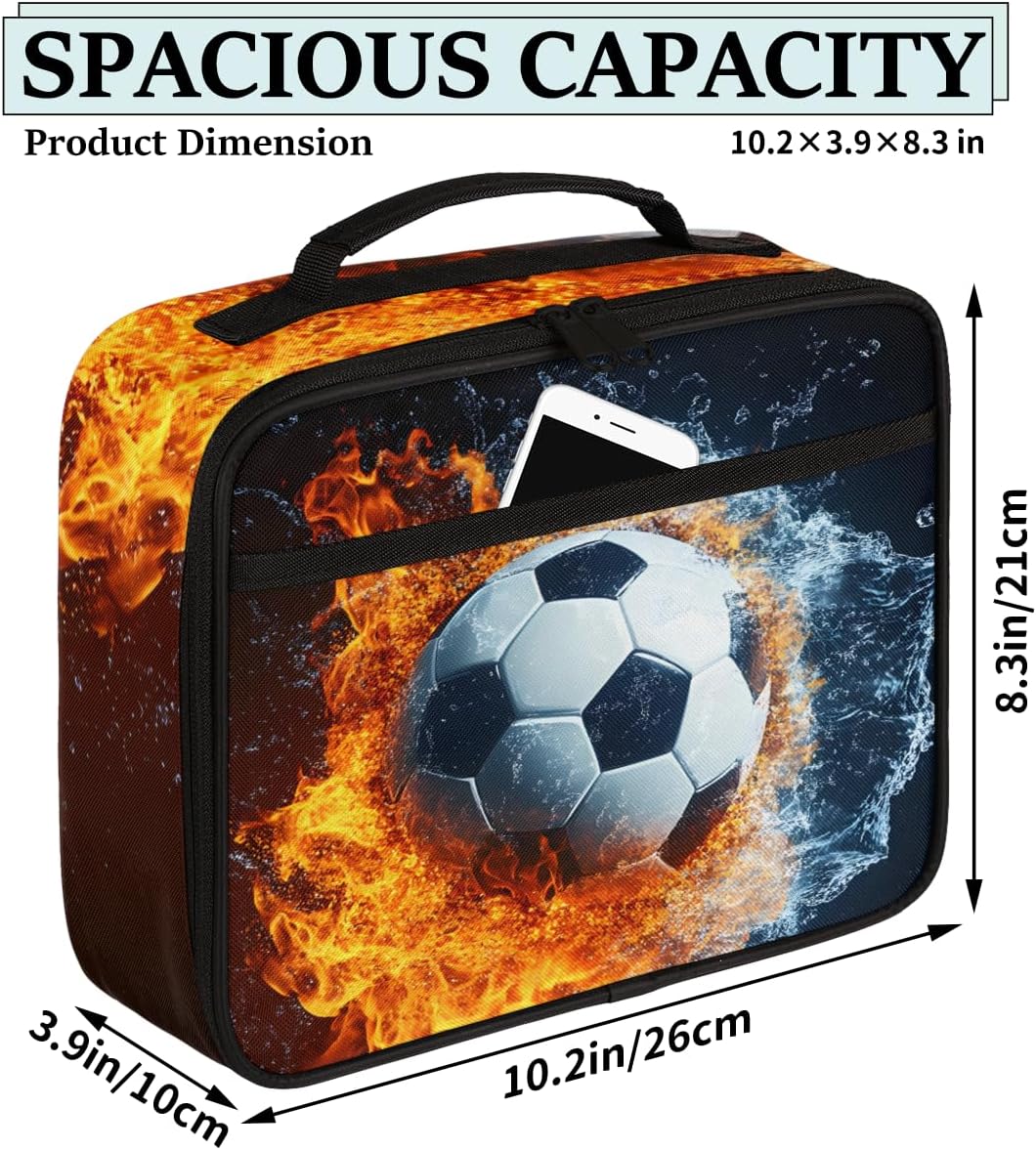 Kids Lunch Box for Girls Boys Toddler Insulated Lunch Bags, Mini Cooler Back to School Lunch Tote Bag Portable Thermal Meal Tote Kit Soft Bag, Sport Soccer Ball Fire