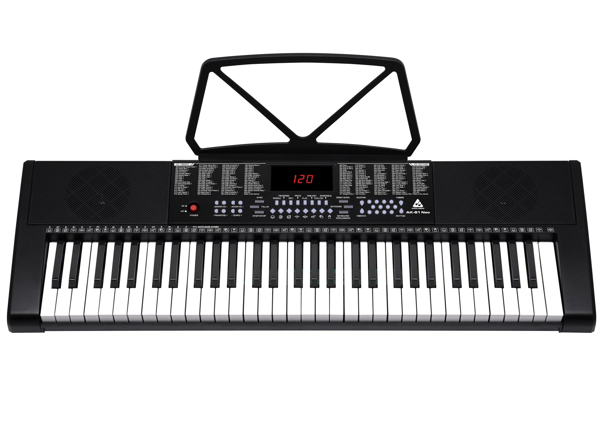 Audio Array AK61 Neo Music Production Keyboard 61 Velocity Sensitive Keys, Built-in Speakers, 200+ Presets, Sustain/Touch, Tempo, Octave/Transpose/Tune, Mic In, Headphone Out, LED Screen, BT Audio-image-40
