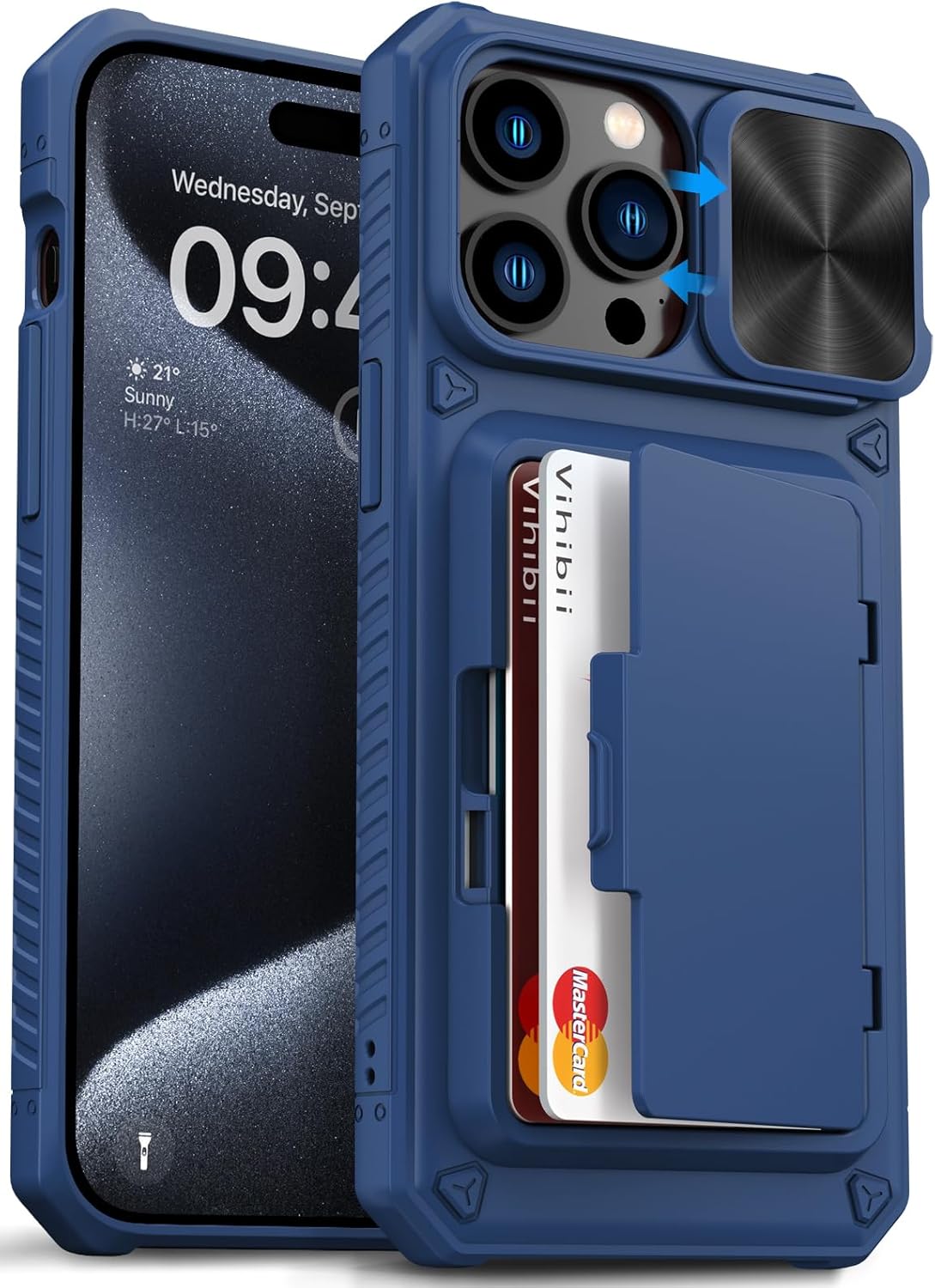 Vihibii for iPhone 15 Pro Max Wallet Case with Card Holder (4 Cards) & Slide Lens Protective Cover & Kickstand & Raised Edges Protect Screen, Shockproof Rugged Case for iPhone 15 Pro Max 6.7″, Blue Vihibii for iPhone 15 Pro Max Wallet Case with Card Holder (4 Cards) & Slide Lens Protective Cover & Kickstand & Raised Edges Protect Screen, Shockproof Rugged Case for iPhone 15 Pro Max 6.7″, Blue