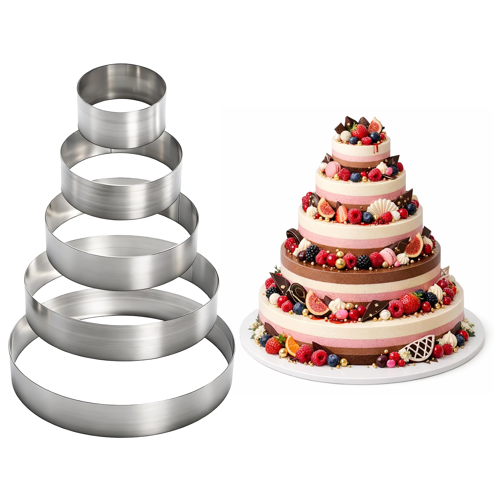 Fasmov Juego de 5 anillos redondos para tartas, anillos de acero inoxidable para tartas de mousse, anillos de hornear de 4 a 12 pulgadas, moldes redondos para pasteles, anillo de repostería para