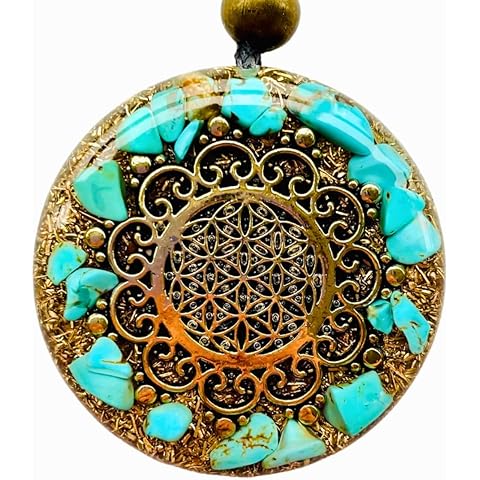 Orgone Necklace, Protection, Symbol Flower of Life, Sacred Geometry, Stone Turquoise, Gems Rose Quartz- SBB Coil, Reiki, Yoga, Healing Crystals, Orgonite Pendant Handmade, Arte Orgones