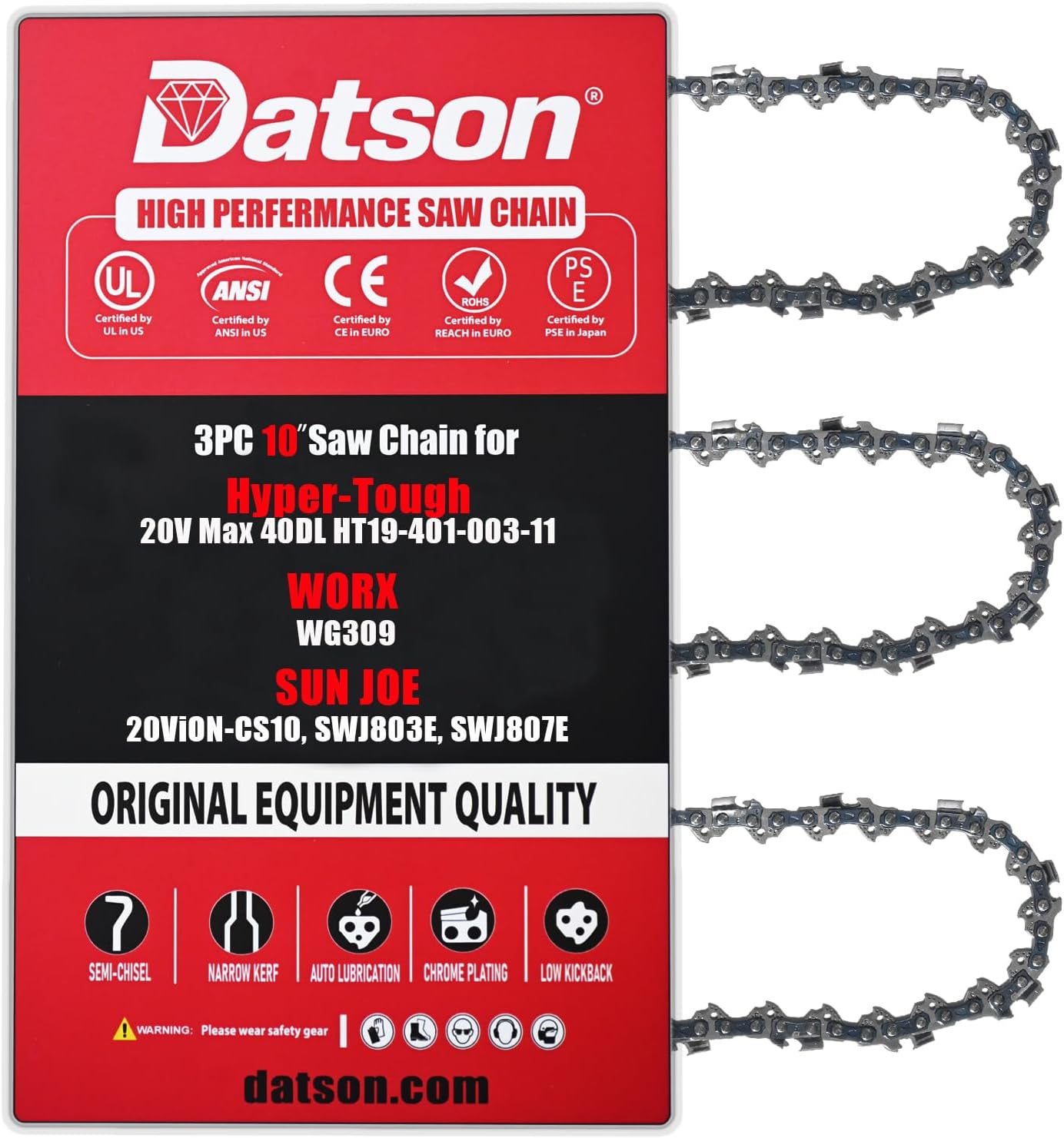 3 PACK 10" Chainsaw chain blade Replacement For Hyper-Tough 20V Max 40DL HT19-401-003-11,Remington RM1035P, Worx WG309, Sun Joe 20ViON-CS10, SWJ803E, SWJ807E, Craftsman - S40