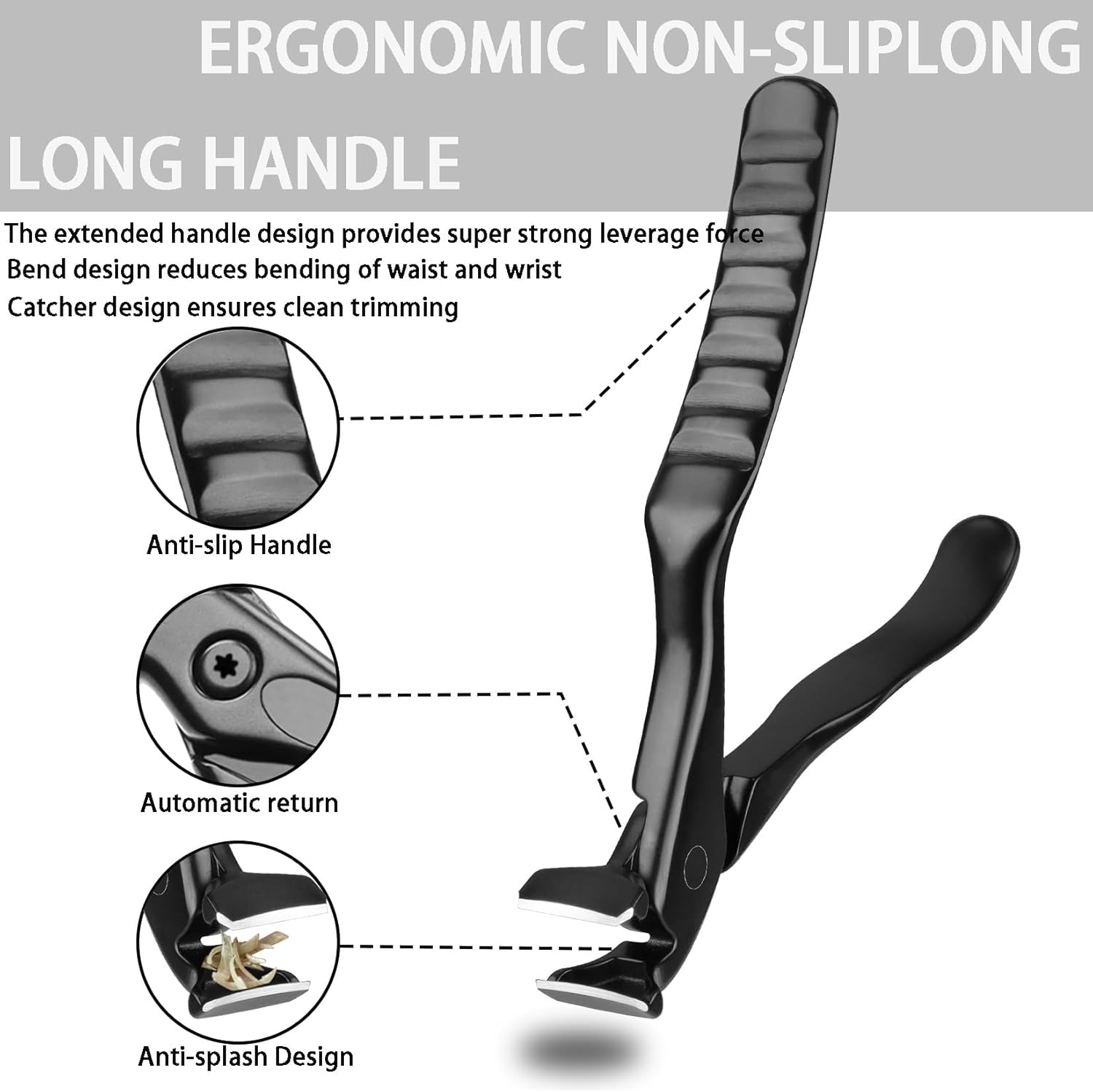 Ergonomic Long Handle Toenail Clippers with Catcher -Angled Head, Ultra Sharp Big Opening Wide Jaw Large Toe Nail Clippers for Men,Heavy Duty Nail Clippers for Thick Nails-Black