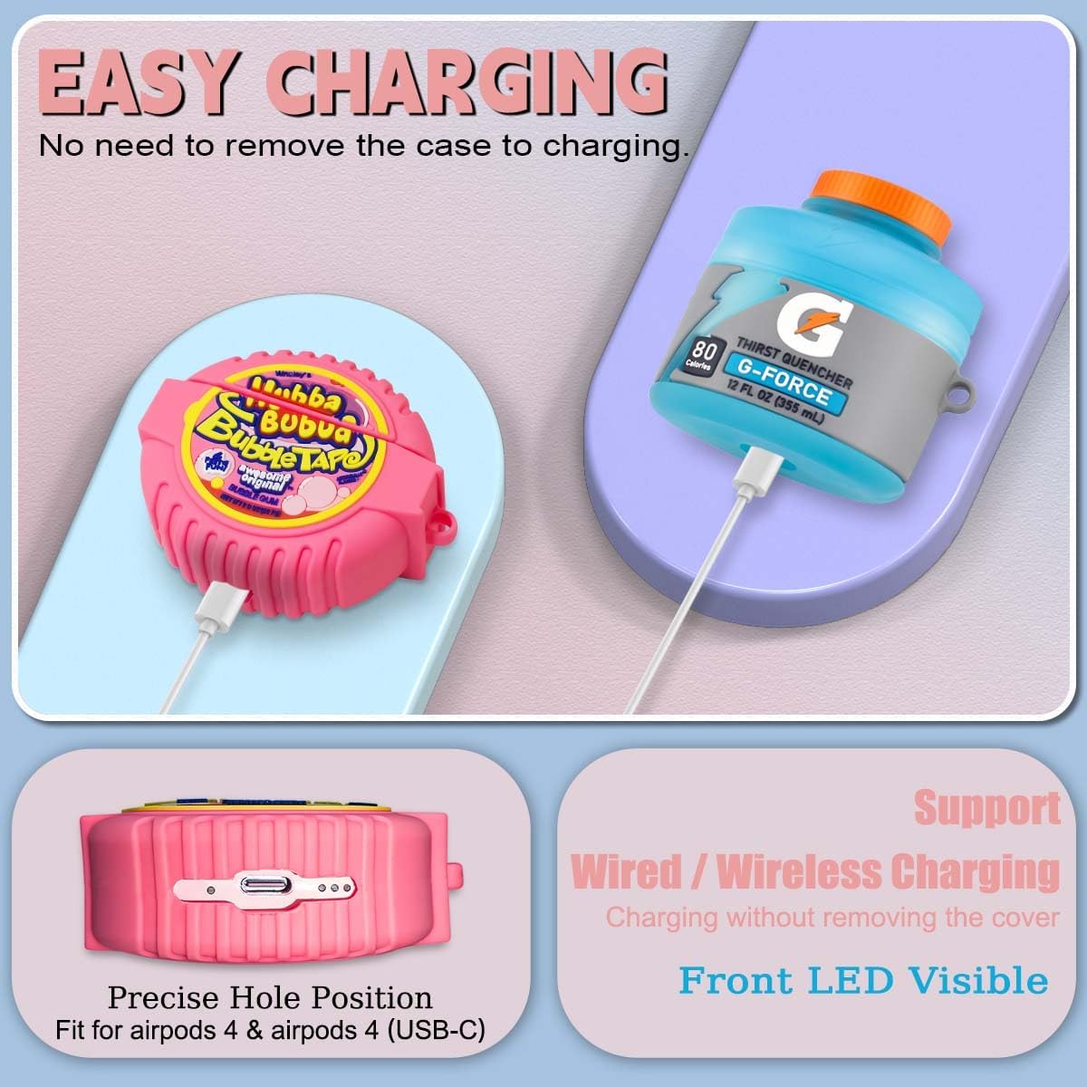 3Pack Cute Airpods 4 Case - 3D Cartoon Funny Food Design Silicone Cover Compatible for Airpods 4th Generation - Cute Case Accessories with Keychain/Cleaner Pen (Blue+Purple+Pink)