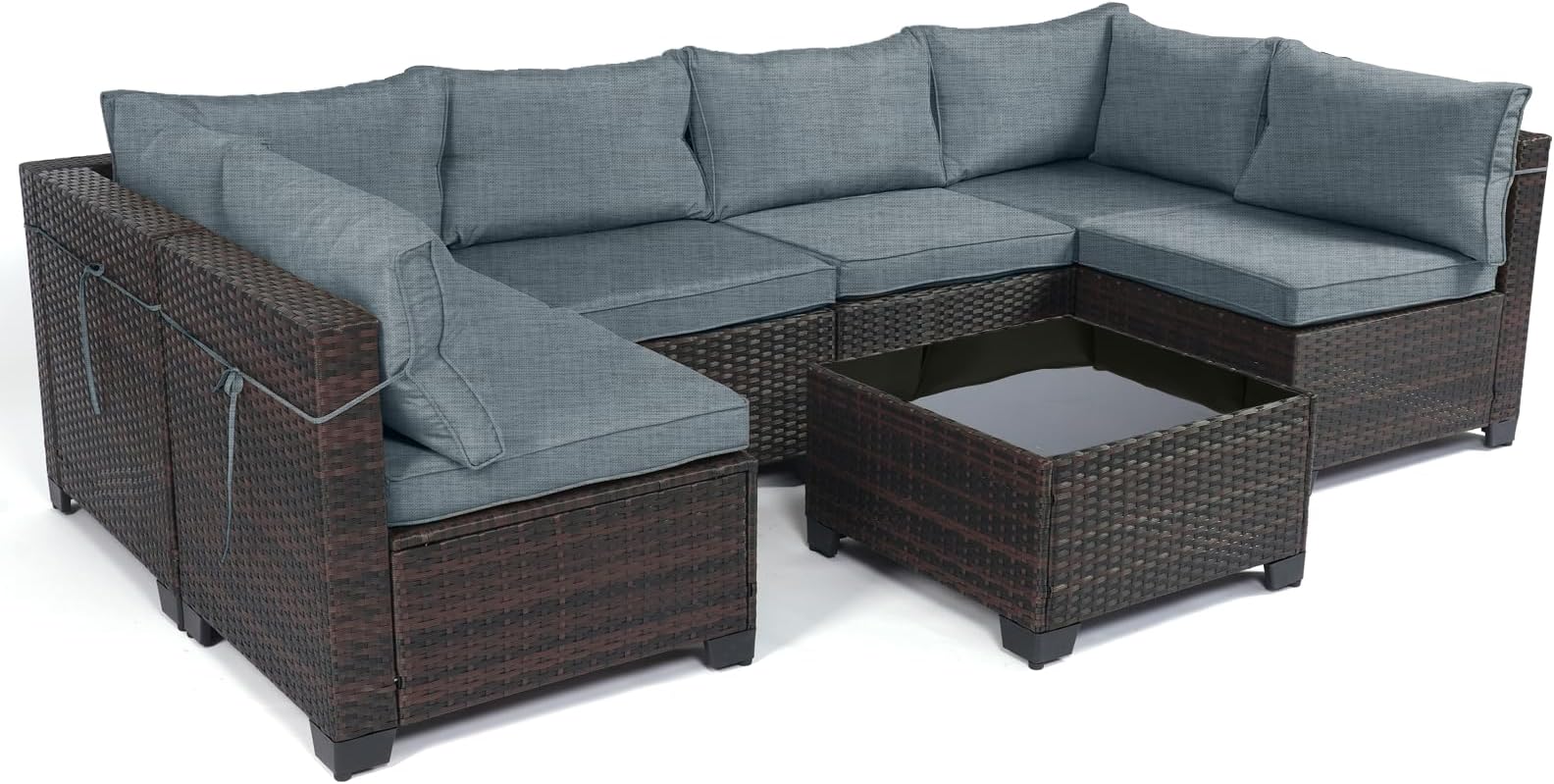 LEVELEVE 7 Pieces Outdoor Patio Furniture Sets,Rattan Conversation Sectional Set,Manual Weaving Wicker Patio Sofa with Tea Table
