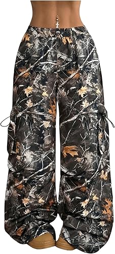 Verdusa Women's Camo Cargo Baggy Pants Y2K Streetwear Drawstring Wide Leg Trouse