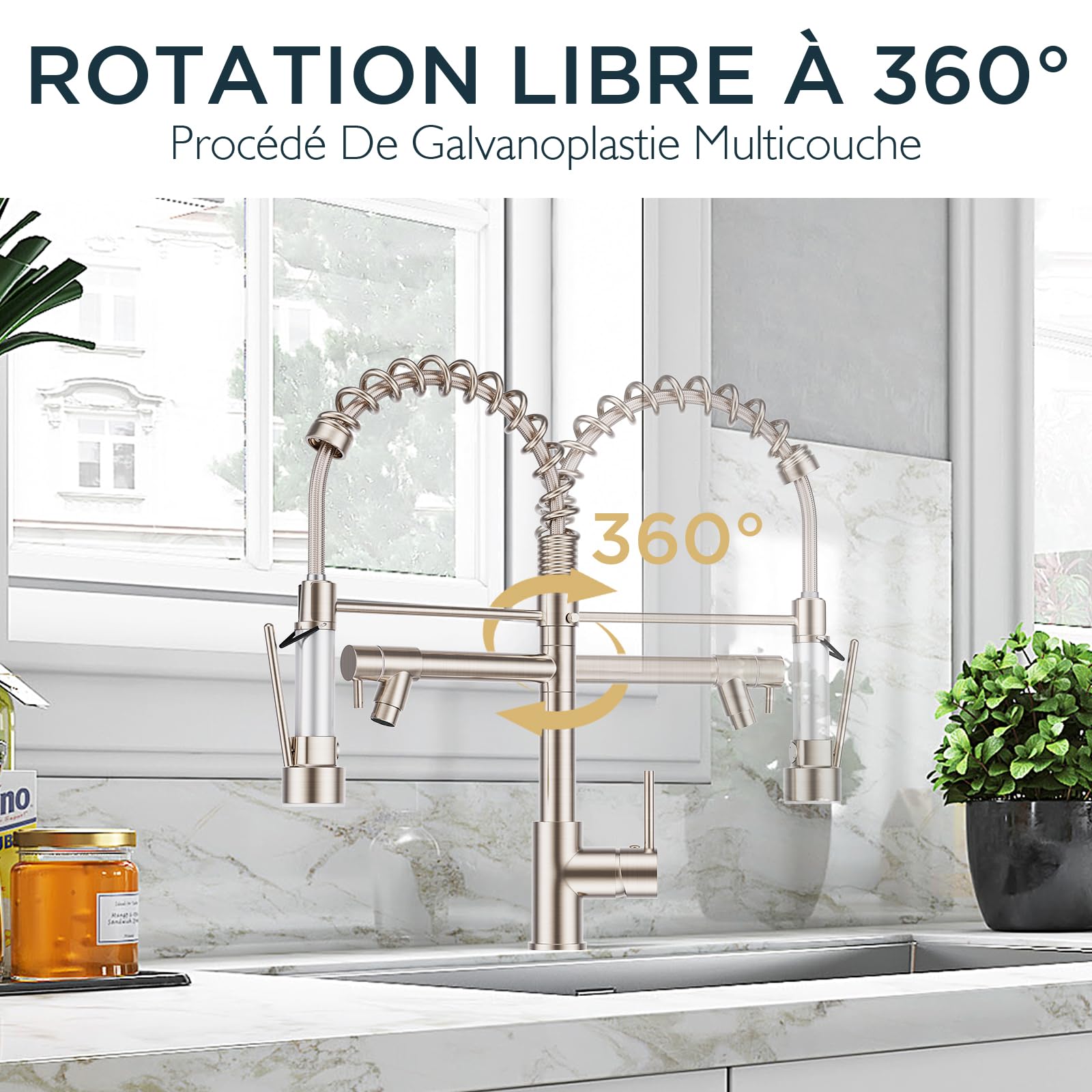 FORIOUS Robinet Cuisine, Mitigeur Cuisine, à Deux Poignées, Pivotant à 360°et Double Pulvérisation, Acier Inoxydable