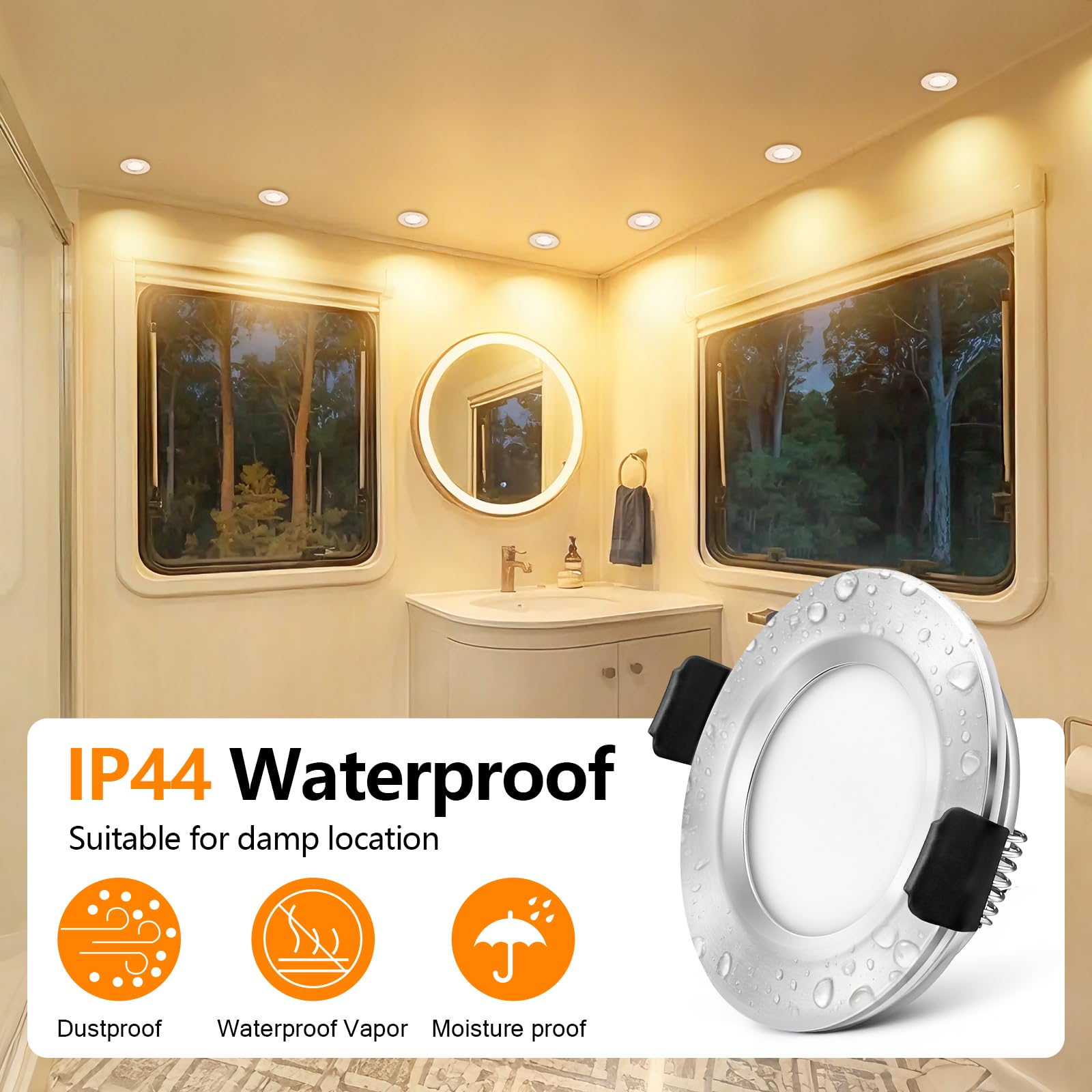 GeyouLux Set di 6 Faretti LED Soffitto 12V-24V DC, IP44 3000K Bianco caldo, 3W 300LM Faretti LED da Incasso per cartongesso, Foro 58-62mm Alluminio Faretti da incasso Cromo, Non dimmerabile
