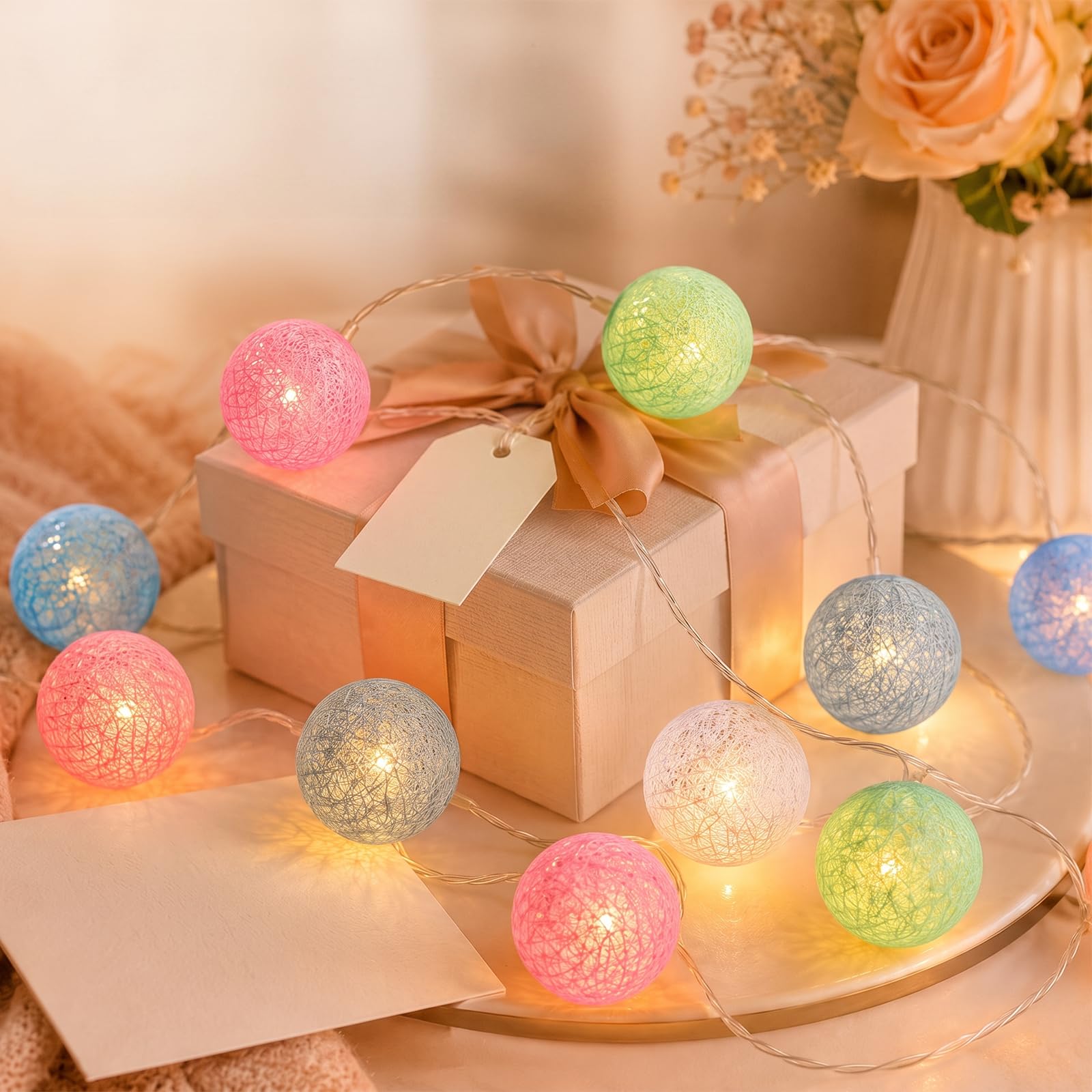 FACHOI Cotton Ball Fairy Lights, 1.5m/4.92ft Battery Powered String Lights, 10 LED Colorful Cotton Ball String Lights for Bedroom Wedding Party Home Christmas Decoration F6-MXQDD (Macaron)