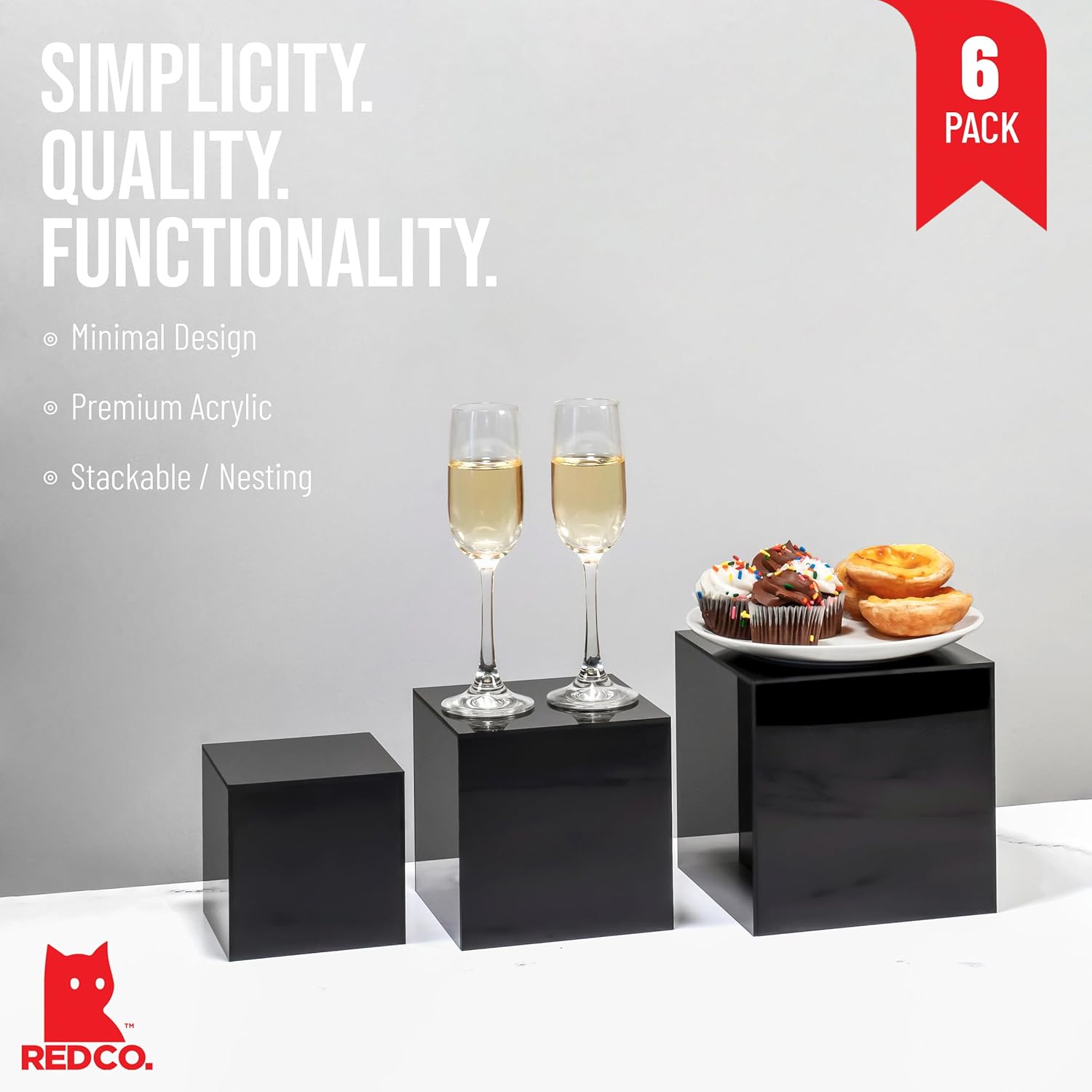 Red Co. Set of 3 Glossy Black Acrylic Cube Display Nesting Riser Stands with Hollow Bottoms - 2-Pack